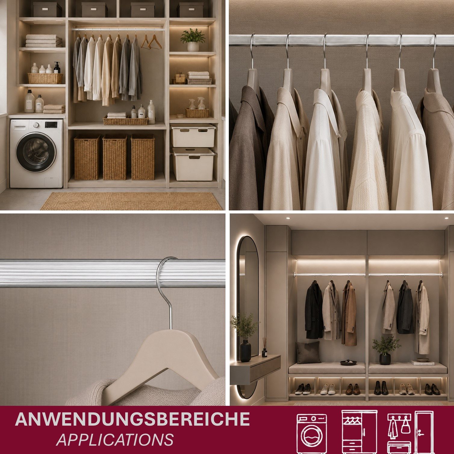 HOOZ Kleiderstange Garderobenstange 50 cm Oval Aluminium inkl. Halter Silber 2er (Set, 2 St., 2 Schrankrohr inkl. 4 Halter), Individuell kürzbar, geschliffene Rohrkanten, stabile Metallhalter