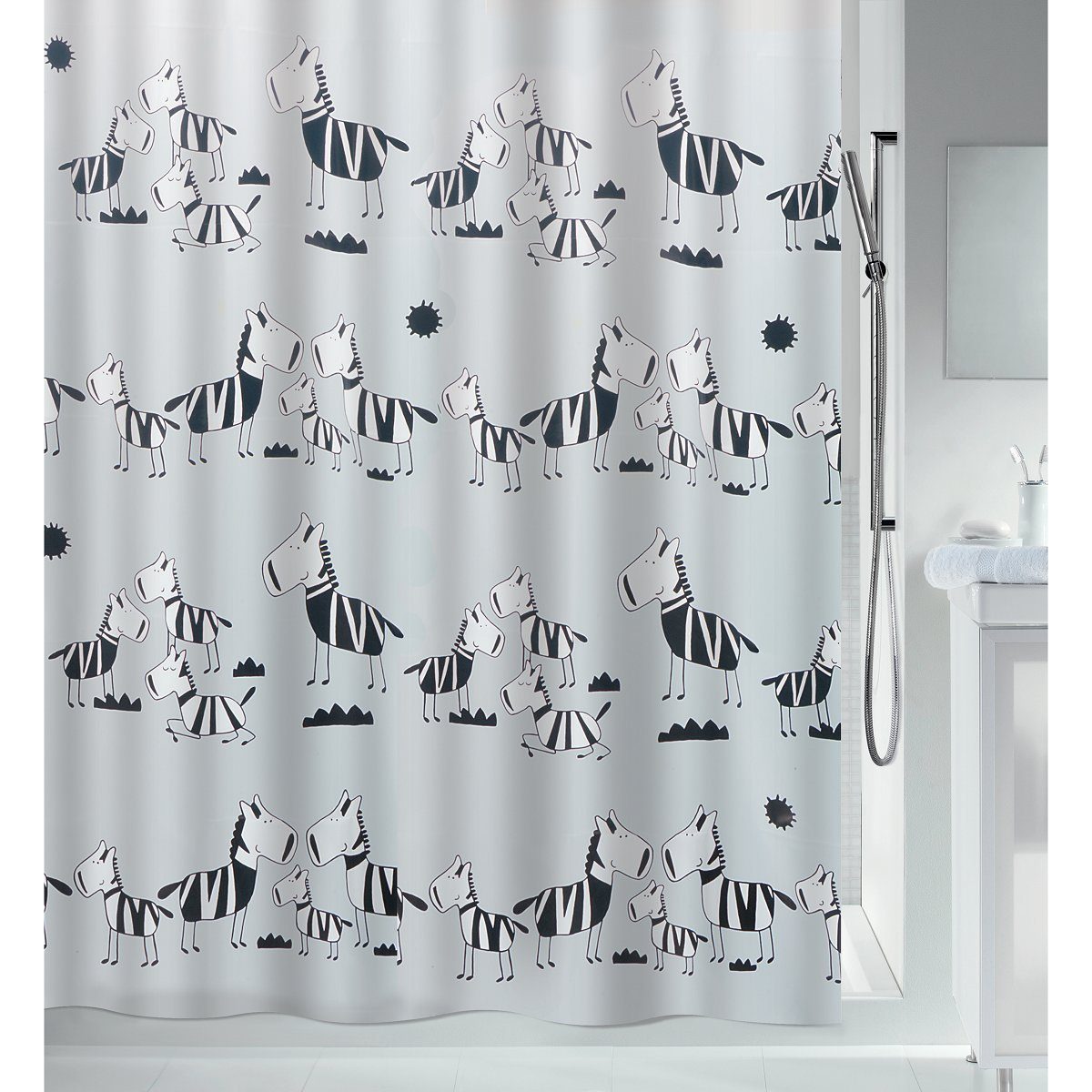 spirella Duschvorhang ZEBI Breite 180 cm, Anti-Schimmel Plastik-Duschvorhang, PEVA, Eco PVC frei, 100% wasserdicht, waschbar, lustiges Motiv für Kids, weiß / schwarz, 180 x 200