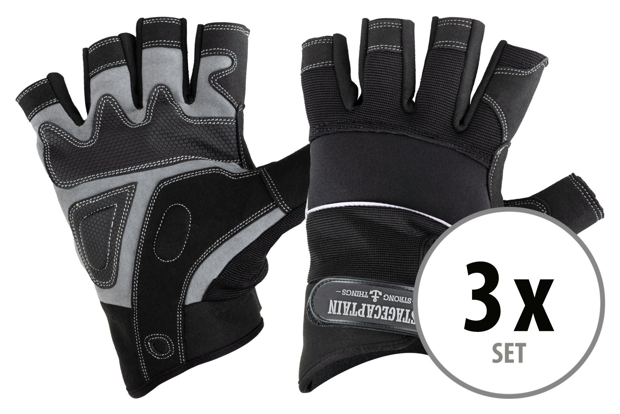 Stagecaptain Arbeitshandschuh-Set Rigger Handschuhe kurze Finger - Größe M (3-St) Innenfläche aus Kunstleder