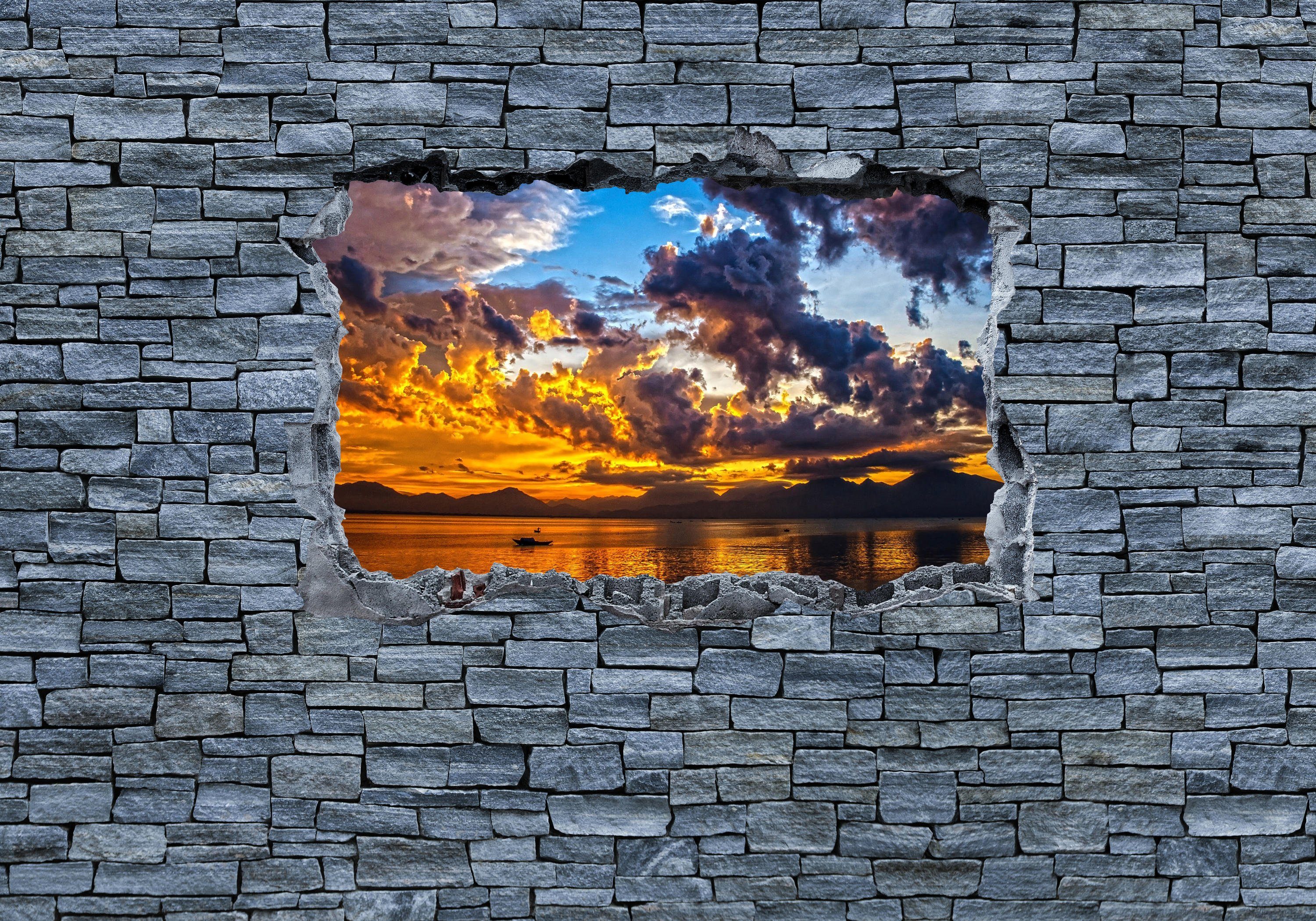 wandmotiv24 Fototapete 3D Sonnenuntergang - grobe Steinmauer, glatt, Wandtapete, Motivtapete, matt, Vliestapete