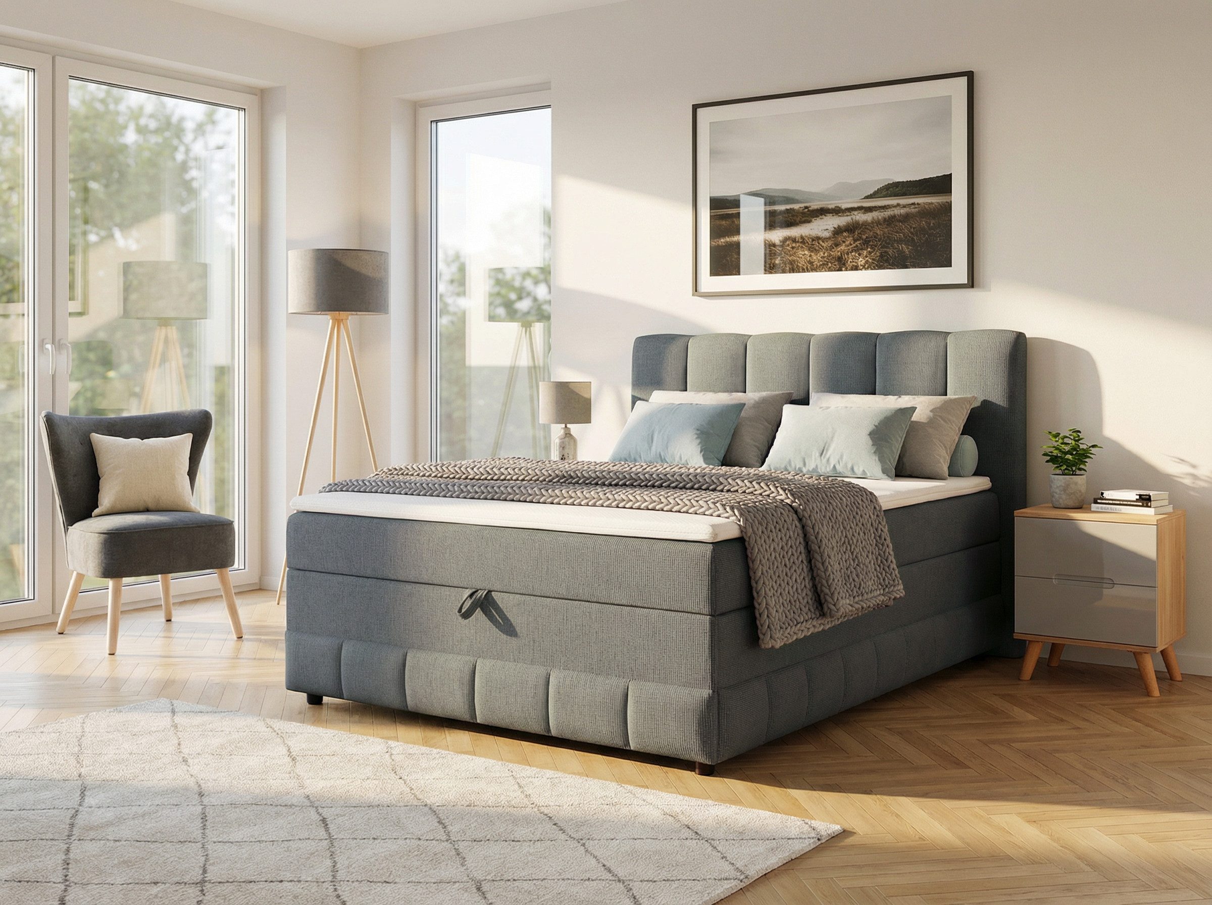 OTTO home Boxbett LIKELY, Polsterbett mit Bettkasten, inkl. Taschenfederkernmatratze H3, mit Kaltschaumtopper, Strukturstoff-Bezug, 140x200 & 180x200 cm
