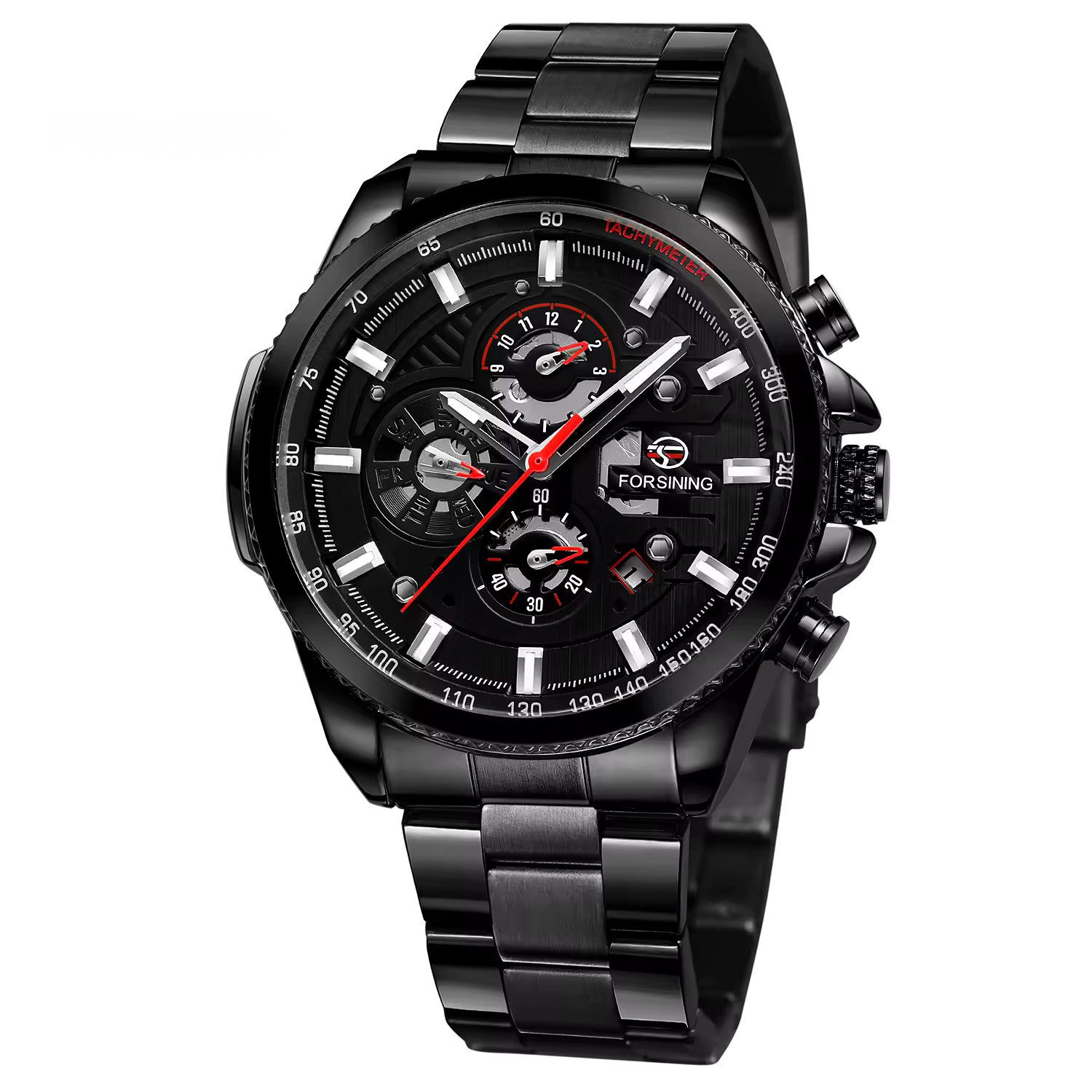 Rötting Design Automatikuhr Herrenuhr Armbanduhr Marke Forsining schwarzes Ziffernblatt, Edelstahl, Datum Wochentag Monats Anzeige