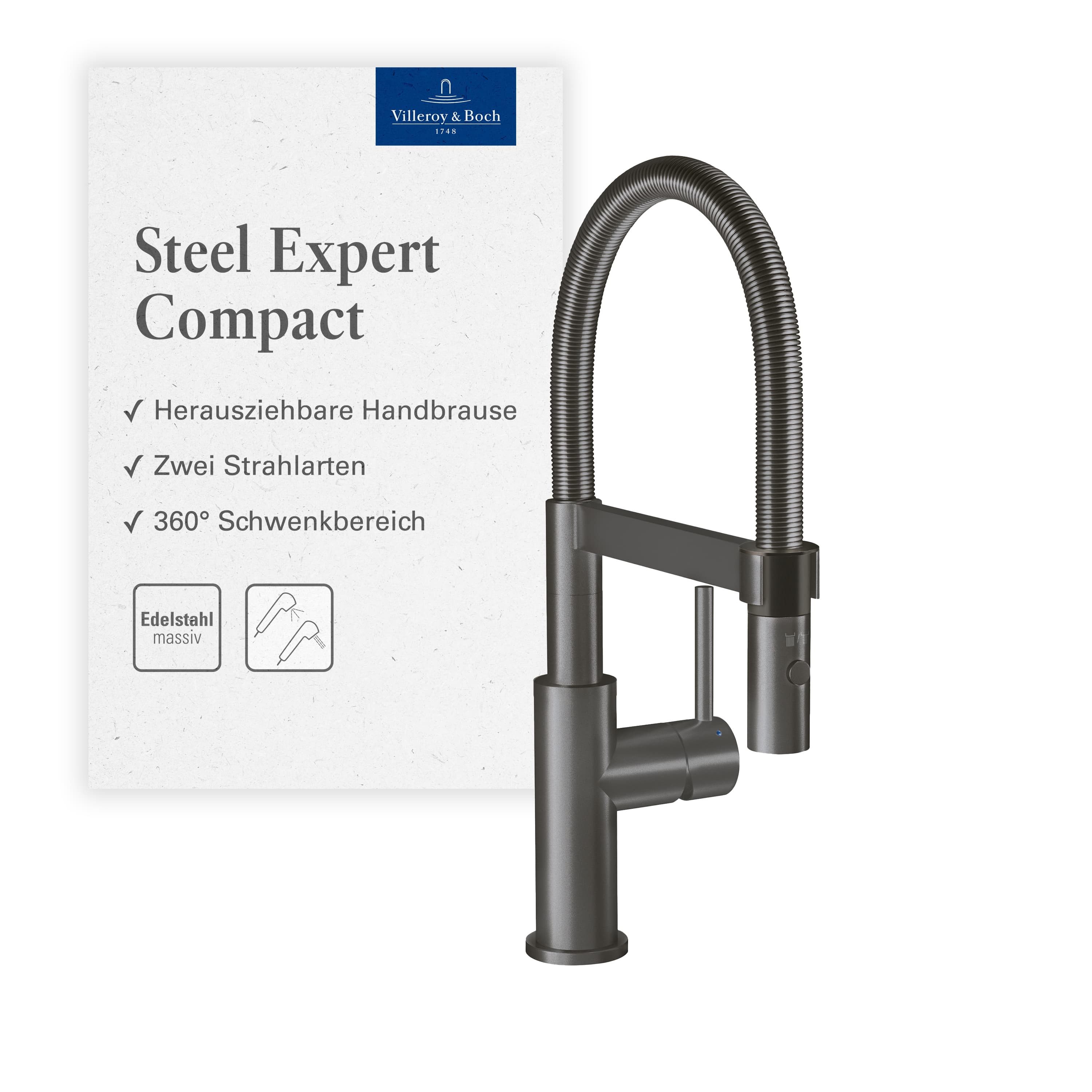 Villeroy & Boch Küchenarmatur Steel Expert Compact (Schwenkbarer Auslauf) Umschaltfunktion und schwenkbarem Auslauf, Spültischarmatur
