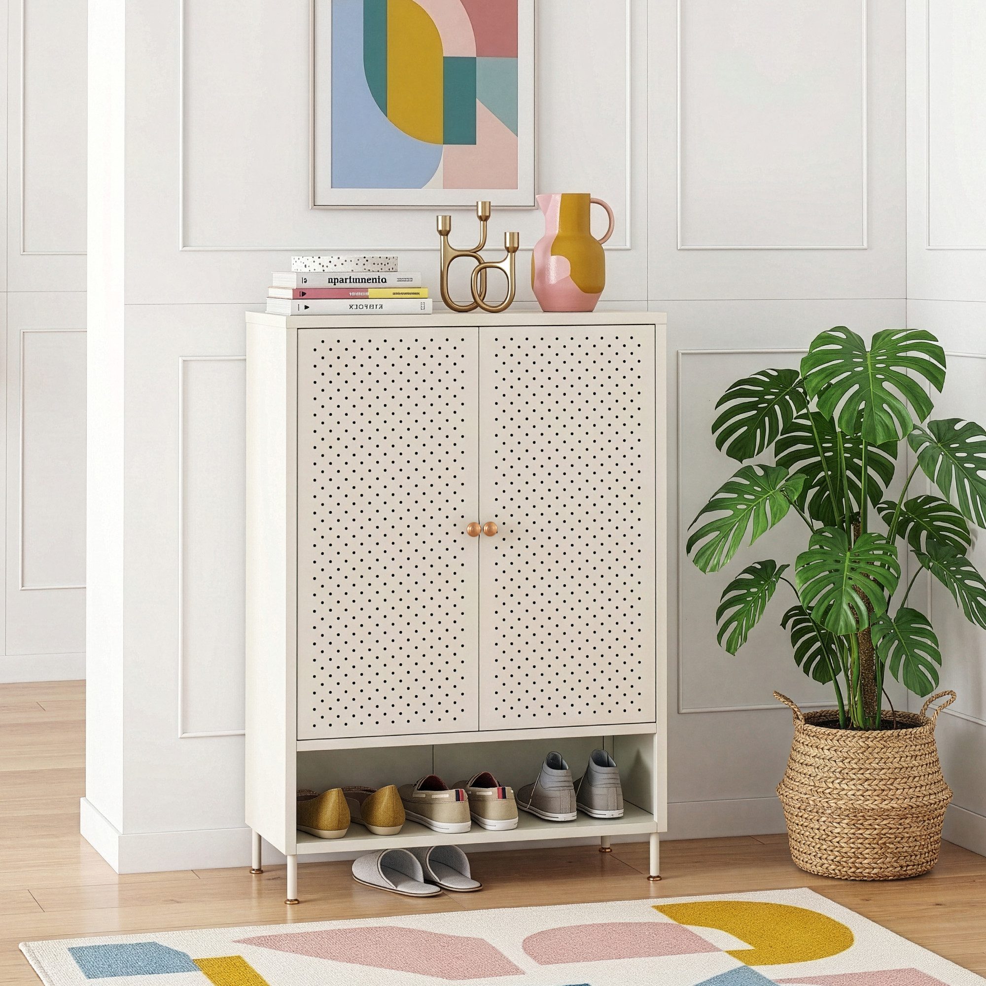 en.casa Schuhschrank »Coleraine« mit 2 Türen Stahl 115x80x35 cm mit Fach Cremeweiß