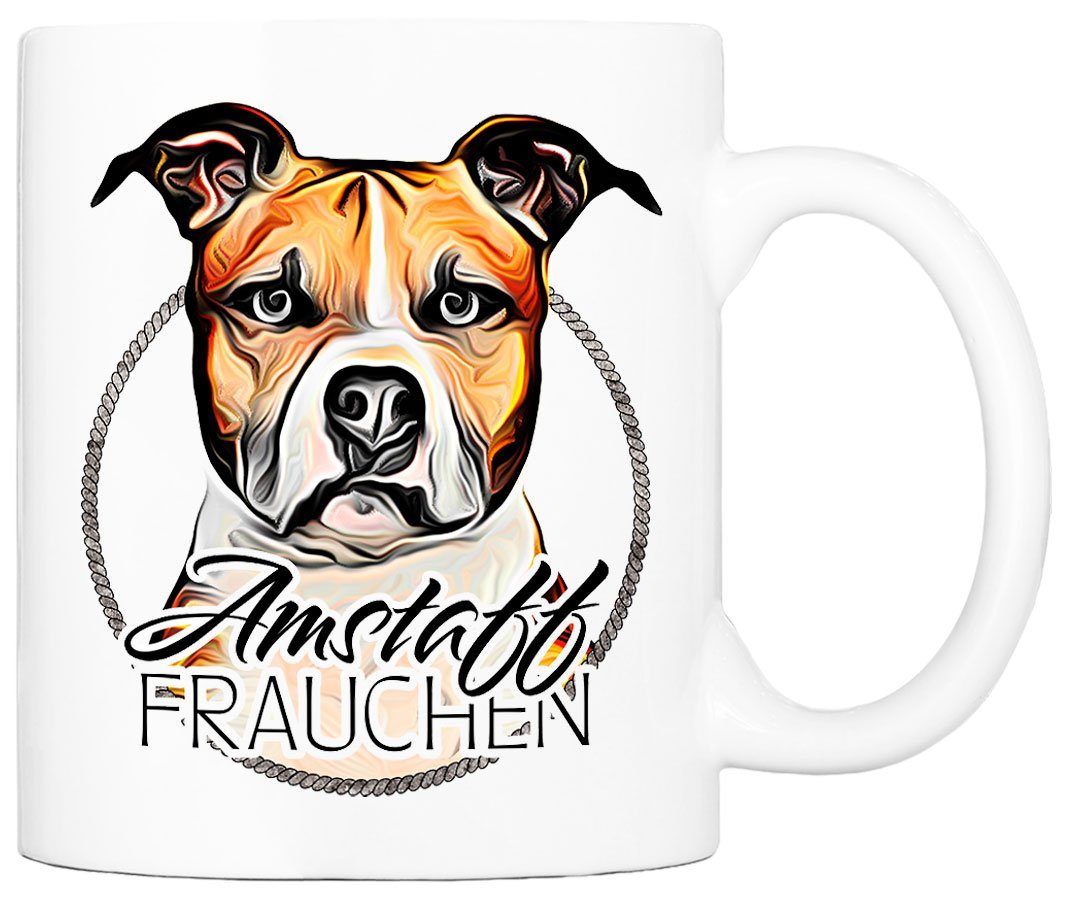 Geschenk, - FRAUCHEN Kaffeetasse handgefertigt, mit Hunderasse, beidseitig bedruckt, Keramik, 330 Tasse ml für Hundefreunde, AMSTAFF Cadouri