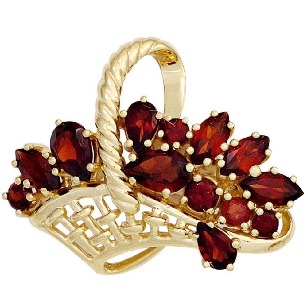 Schmuck Krone Brosche Brosche Korb mit Blumen, Granat, 333 Gelbgold, Gold 333