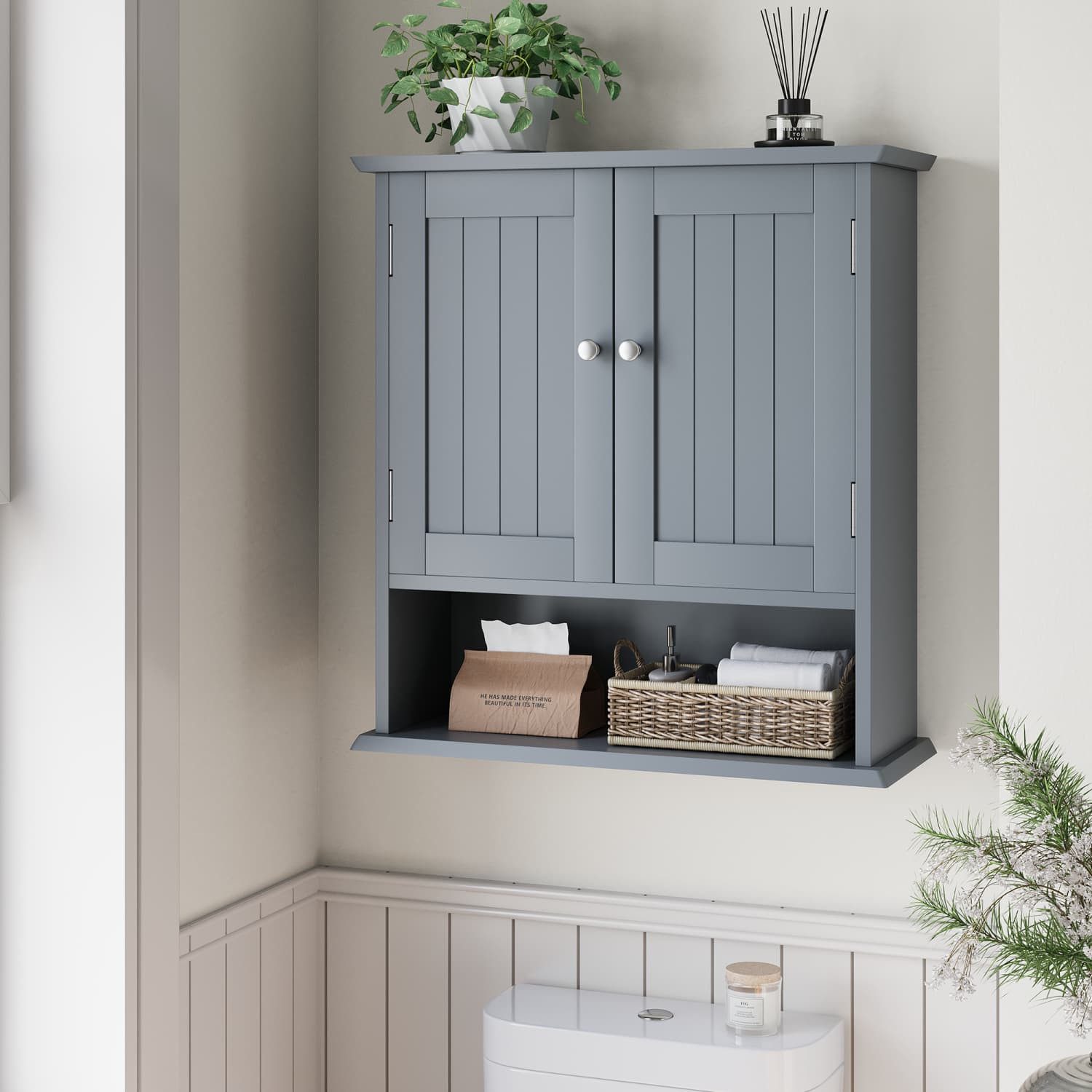 ANYSUN Hängeschrank Wandschrank mit Türen,Stauraum,Bad-Hängeschrank für Wäsche,Badezimmer Wäschekommode mit Wechselbare Trennwand,Drahtziehknopf,55x20x60cm – Bild 4 von 5