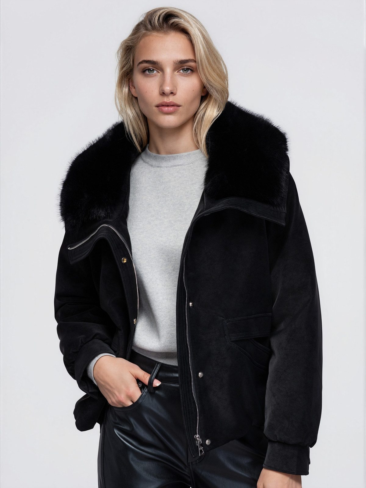 OMBRE Winterjacke Damen Winterjacke mit elegantem Faux-Fur Kragen Schwarz L (kein Set, 1-St) in Unifarbe
