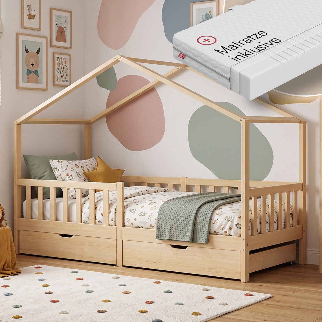 Bellabino Kinderbett Bia mit Rausfallschutz & Lattenrost (natur, mit zwei Schubladen und Matratze), Kinderbett aus Kiefernholz, verfügbar in 80x160/90/120/140x200 cm