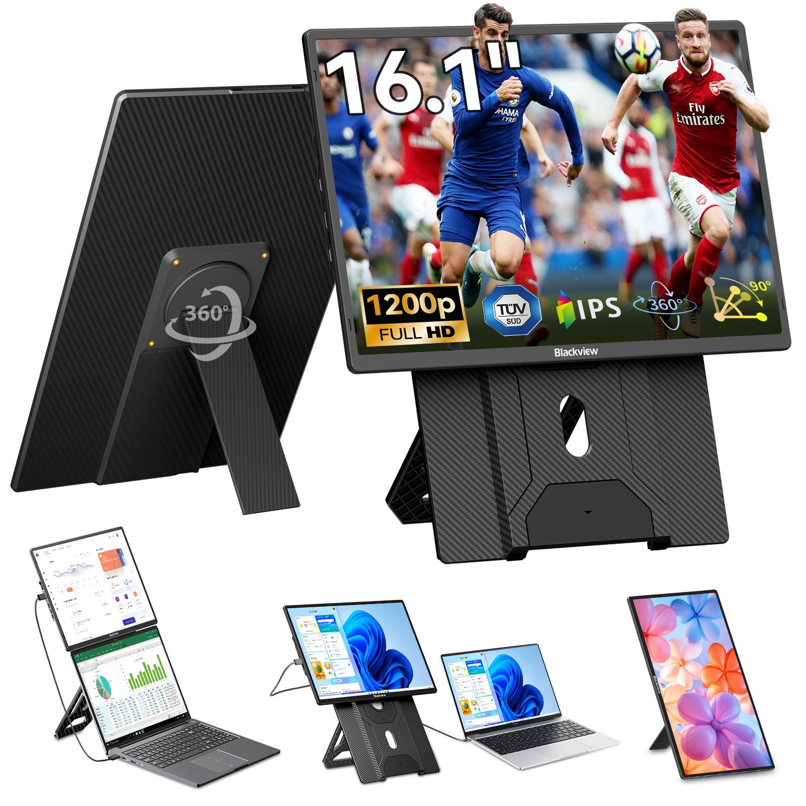 blackview 16 Zoll FHD Laptop Bildschirm Erweiterung Table 9, LCD, IPS, 1920×1200 Portabler Monitor (41 cm/16 ", 1920x1200 px, Full HD, IPS, 360°, Gaming Monitor, Kompatibel mit Windows/Mac/Android/ChromeOS)