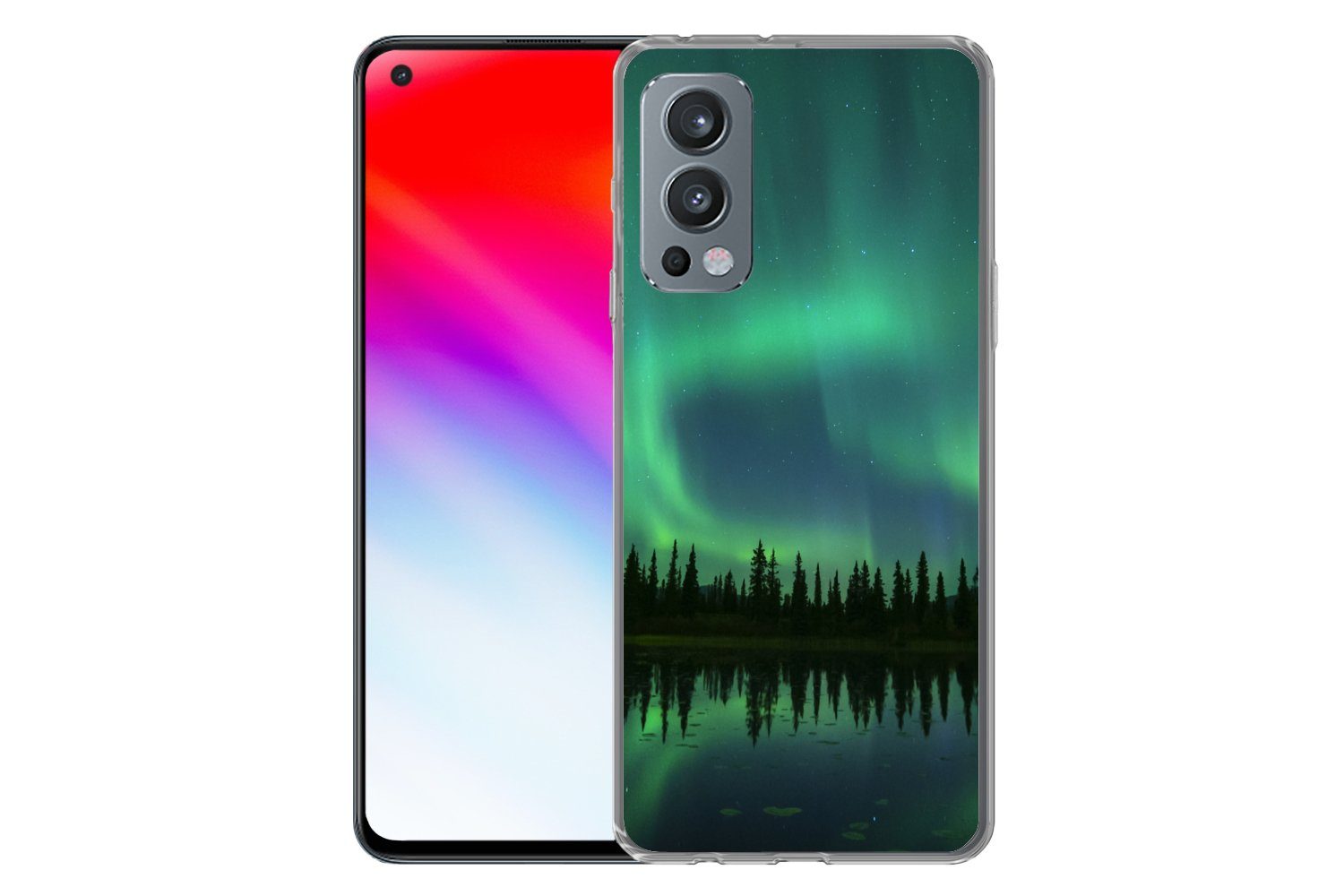 MuchoWow Handyhülle für OnePlus Nord 2 5G Nordlicht - Bäume - Wasser - Alaska, Phone Case, Silikon, Schutzhülle Dünn
