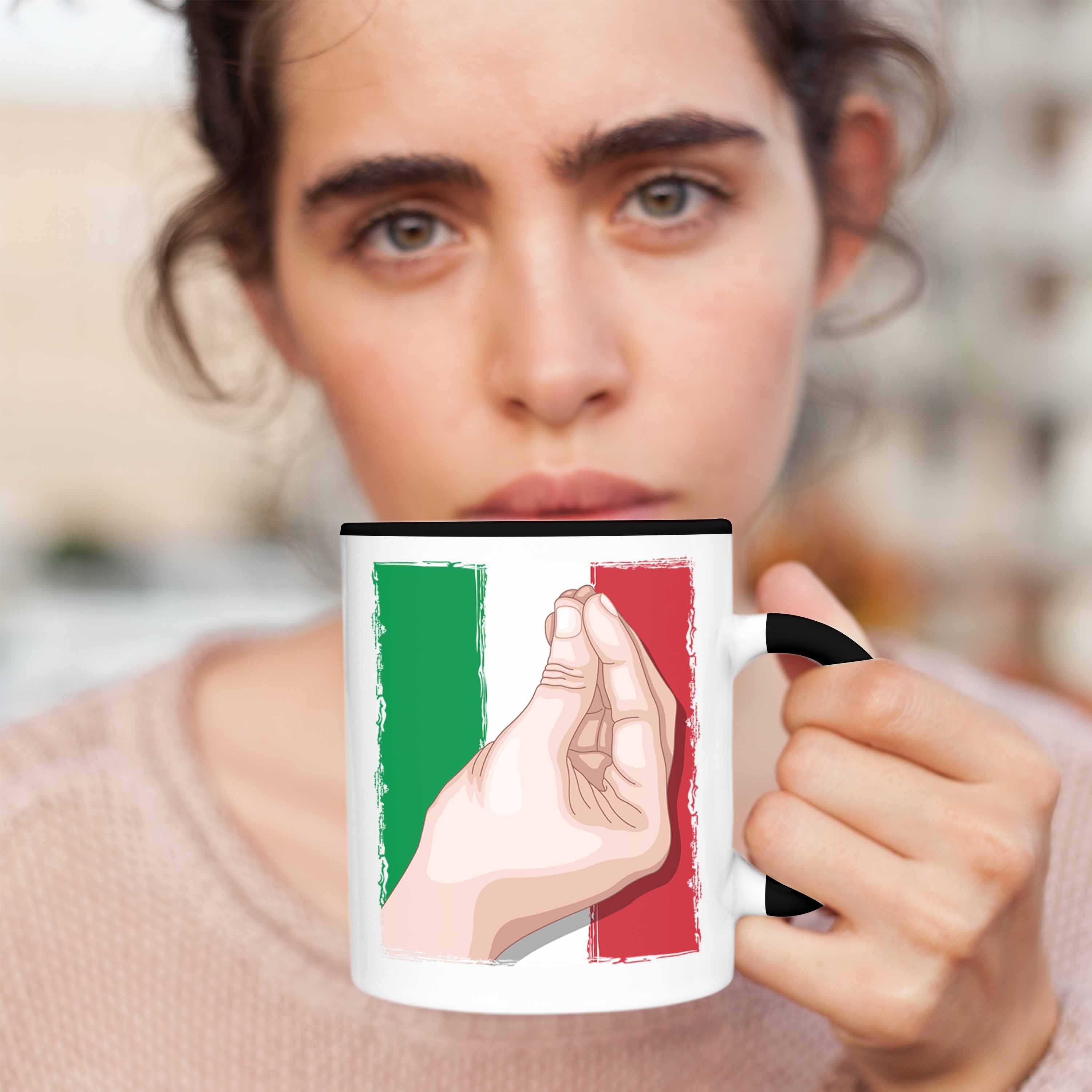 Trendation Tasse Tasse Schwarz Handbewegung Flagge für Italien-Liebhaber Italien Geschenk