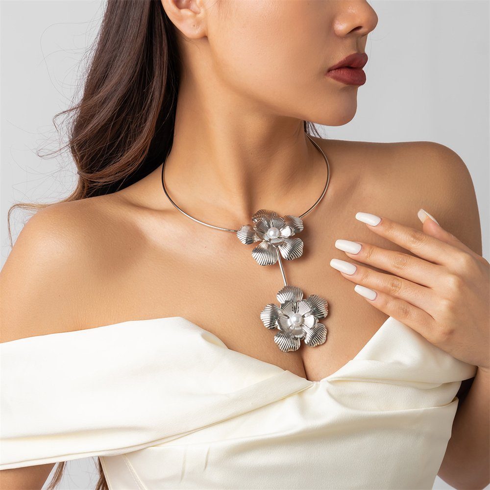 Rouemi Choker Damen-Halskette, 3D-Blumen-Party-Halskette Silberfarben
