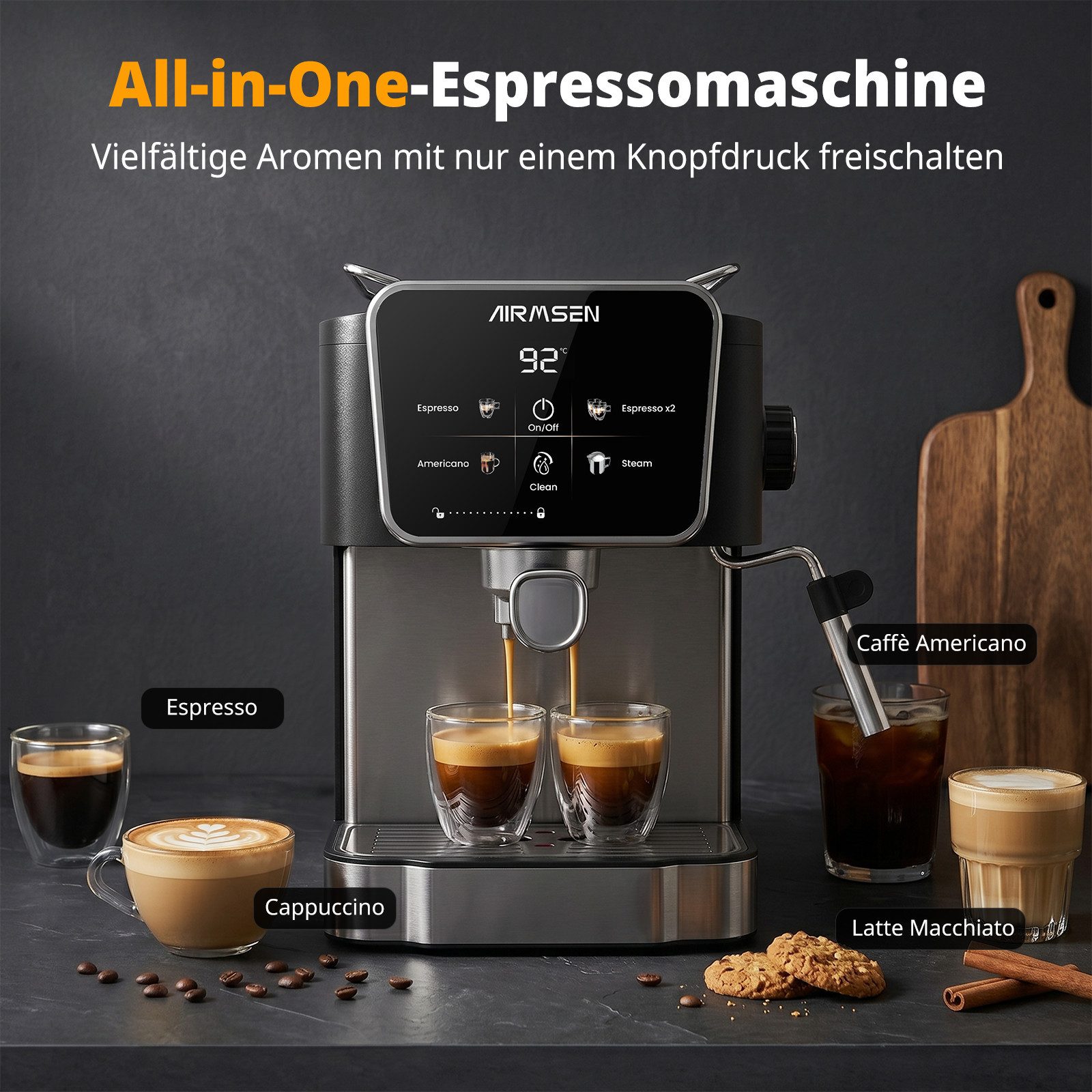 Airmsen Espressomaschine 20 Bar Siebträgermaschinen mit Milchaufschäumdüse,LCD-Touchscreen, 1.8L Wassertank, für Espresso, Cappuccino & Latte Macchiato für Zuhause