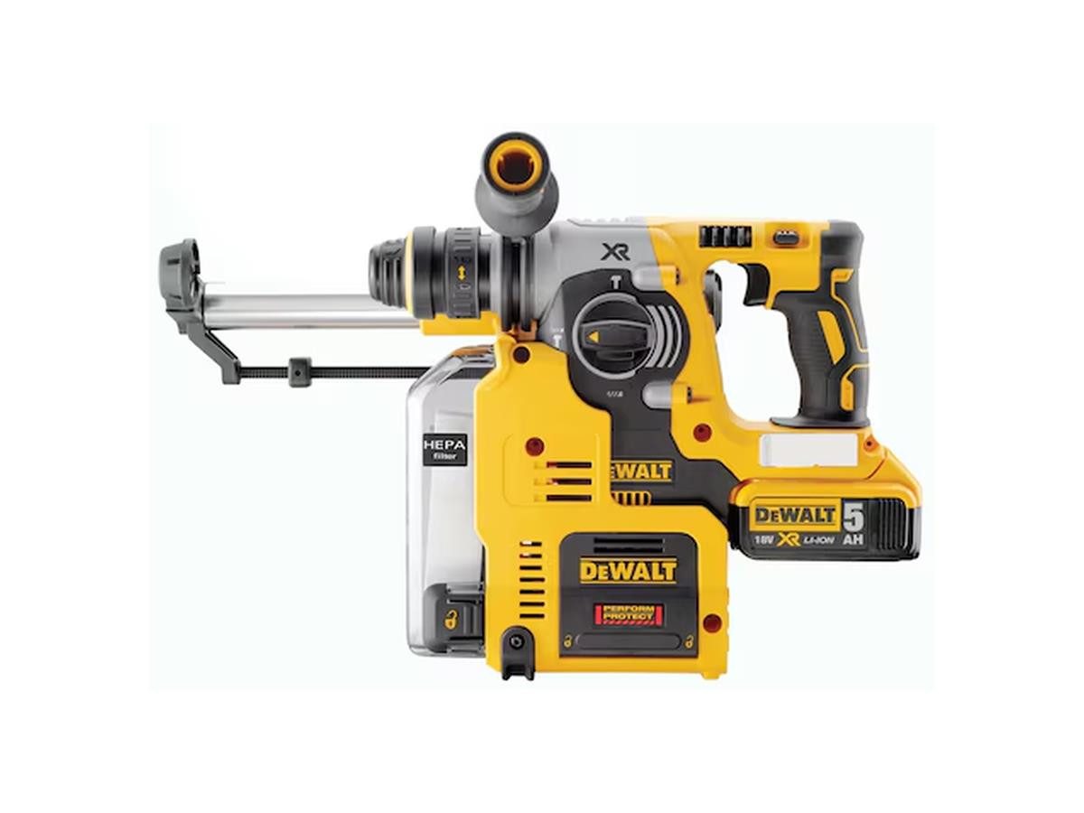 DeWalt Akku-Kombibohrhammer 18V / 5,0Ah, 18 V, (Akku-Komplettset mit Staubabsaugung, 9-tlg., Mit 2 Akkus, Ladegerät, Schnellspannbohrfutter und Transportkoffer), mit 2,1 Joule und integrierter Staubabsaugung