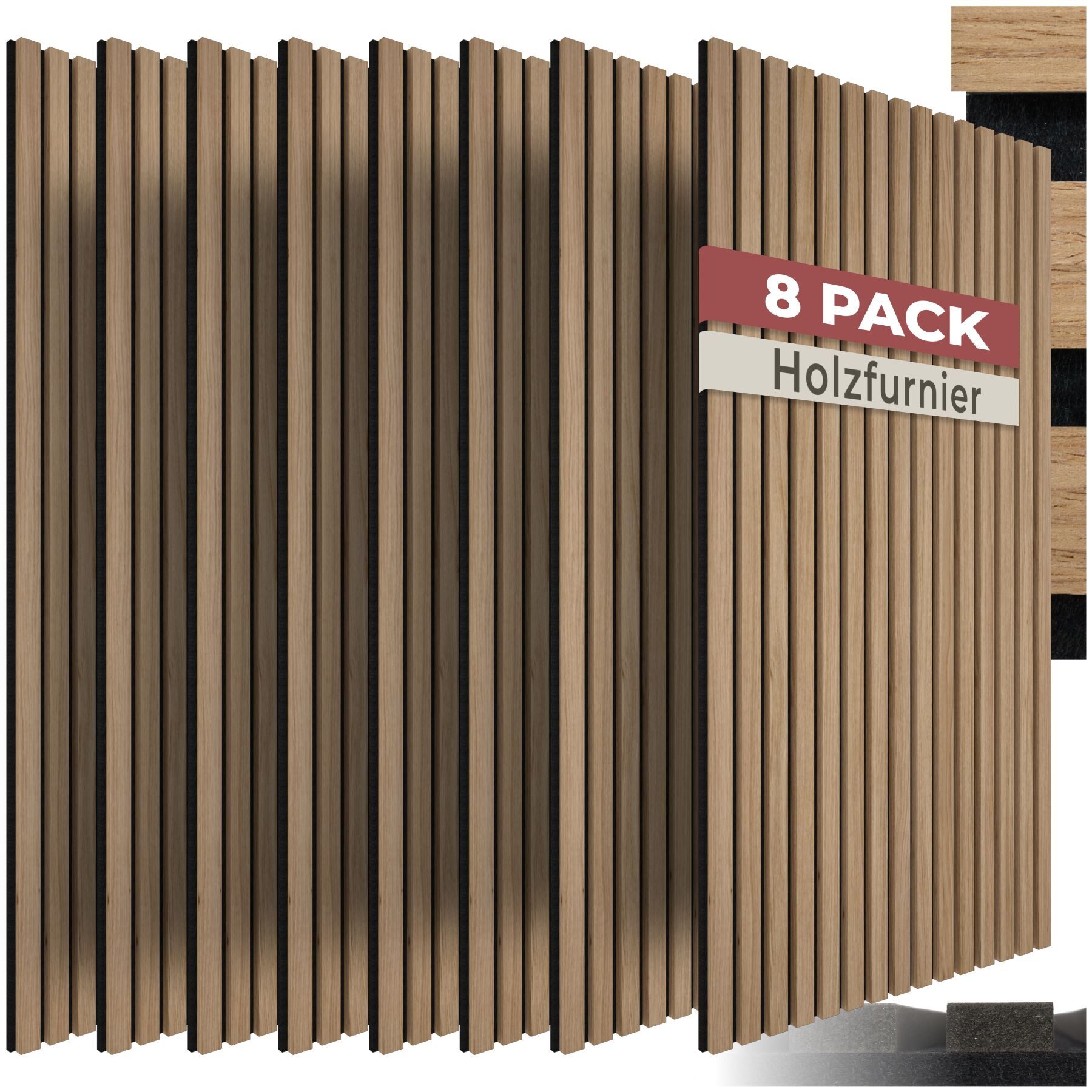tectake Wandpaneel Akustikpaneele aus MDF und Echtholzfurnier, je 110 x 50 x 1,1 cm, BxL: 50x110 cm, (Holzpaneele Sonic Wall IV, 8-tlg., Holzoptik in Eiche) schallabsorbierender Filz, einfache Montage mit Kleber oder Schrauben