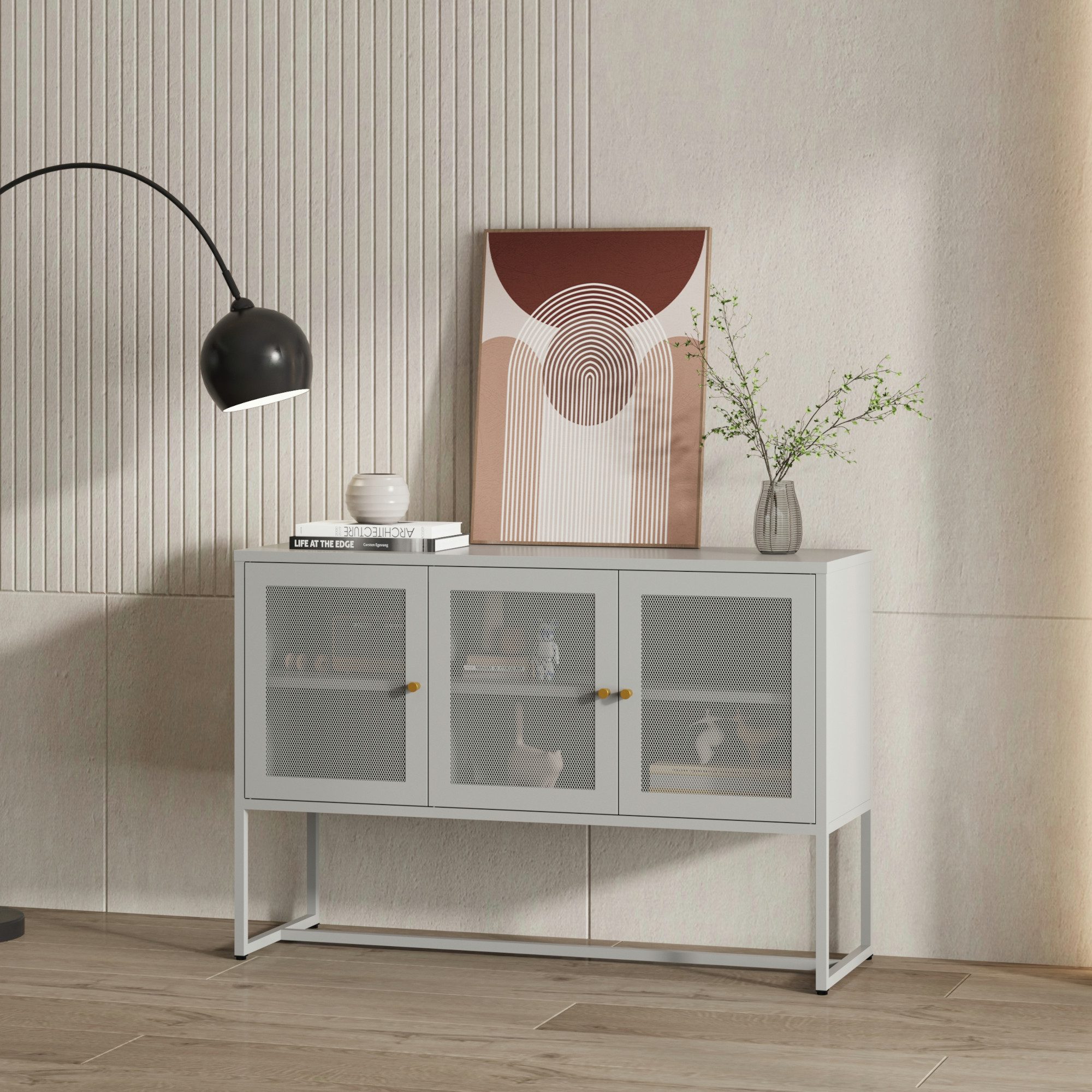 en.casa Sideboard, »Sund« mit 3 Türen Stahl 120 x 40 x 80 cm Grau günstig online kaufen