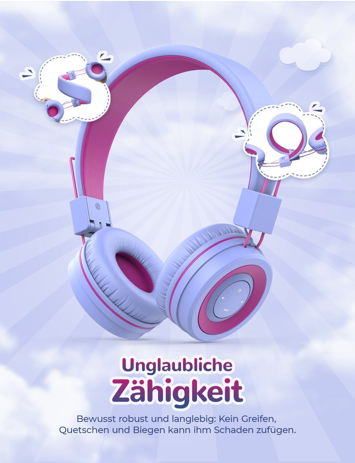 iclever BTH02 Kopfhörer für Stirnband, MIC am Verstellbares für (Bluetooth, On-Ear-Kopfhörer rot Kinder Kinderkopfhörer mit Schule) lila Ohr Faltbar