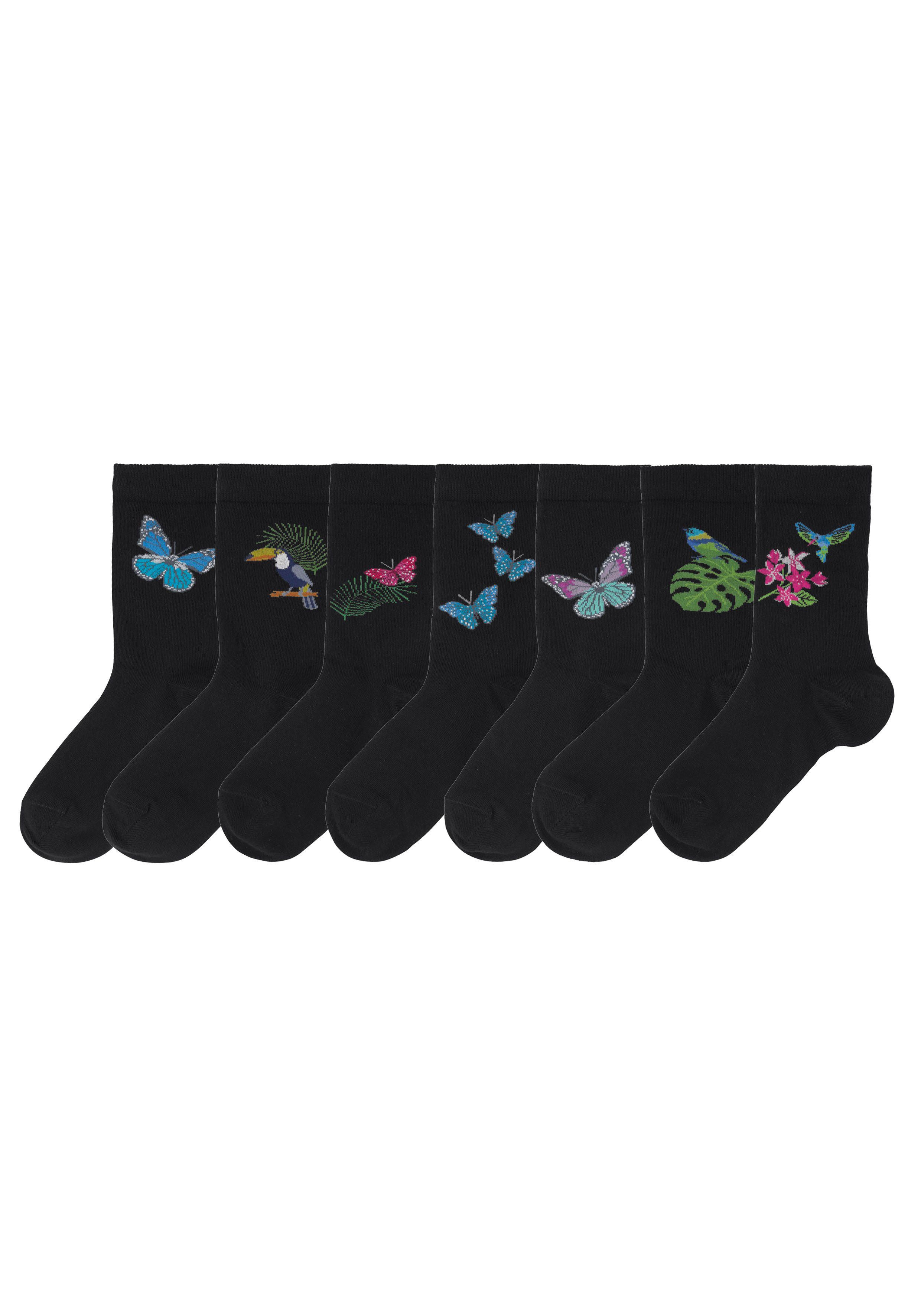 und mit (Set, H.I.S Socken Vogelmotiven Schmetterlings- 7-Paar)