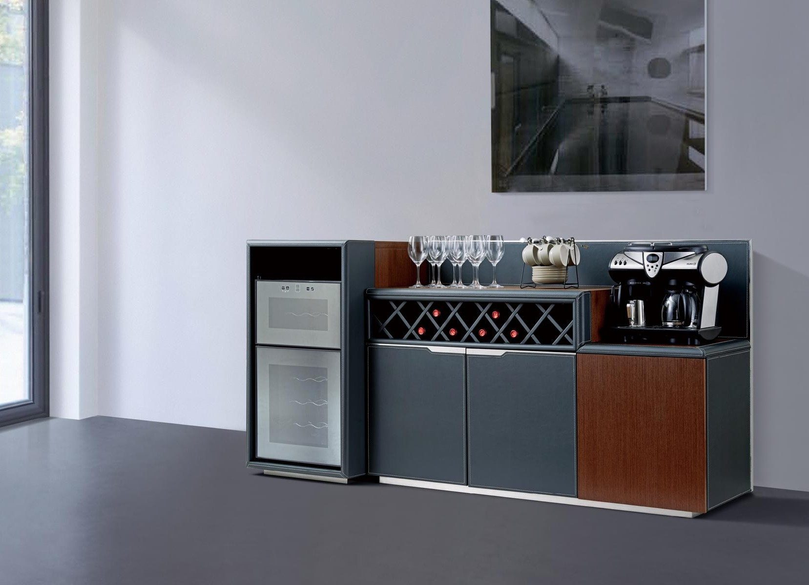 Xlmoebel Pantryküche XLMOEBEL Küchenkommode in Grau mit Schubladen und Lederoberfläche, Made in Europa