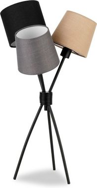REV Tischleuchte TRIA – Tischlampe, Deko- Nachttischlampe, Stehlampe, ohne Leuchtmittel, mit 3 Leinen-Lampenschirmen in Schwarz, Beige & Grau, E14 Fassung, H61cm