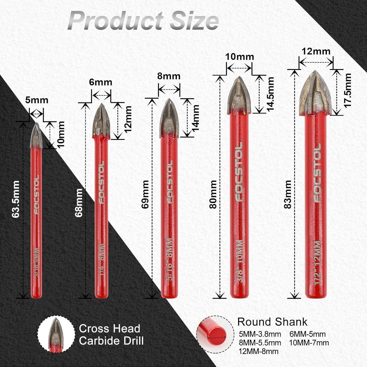 LuxusKollektion Fliesenbohrer Fliesenbohrer Set Hartmetallbohrer 5*2 6*4 8*2 10 12mm Rundschaft
