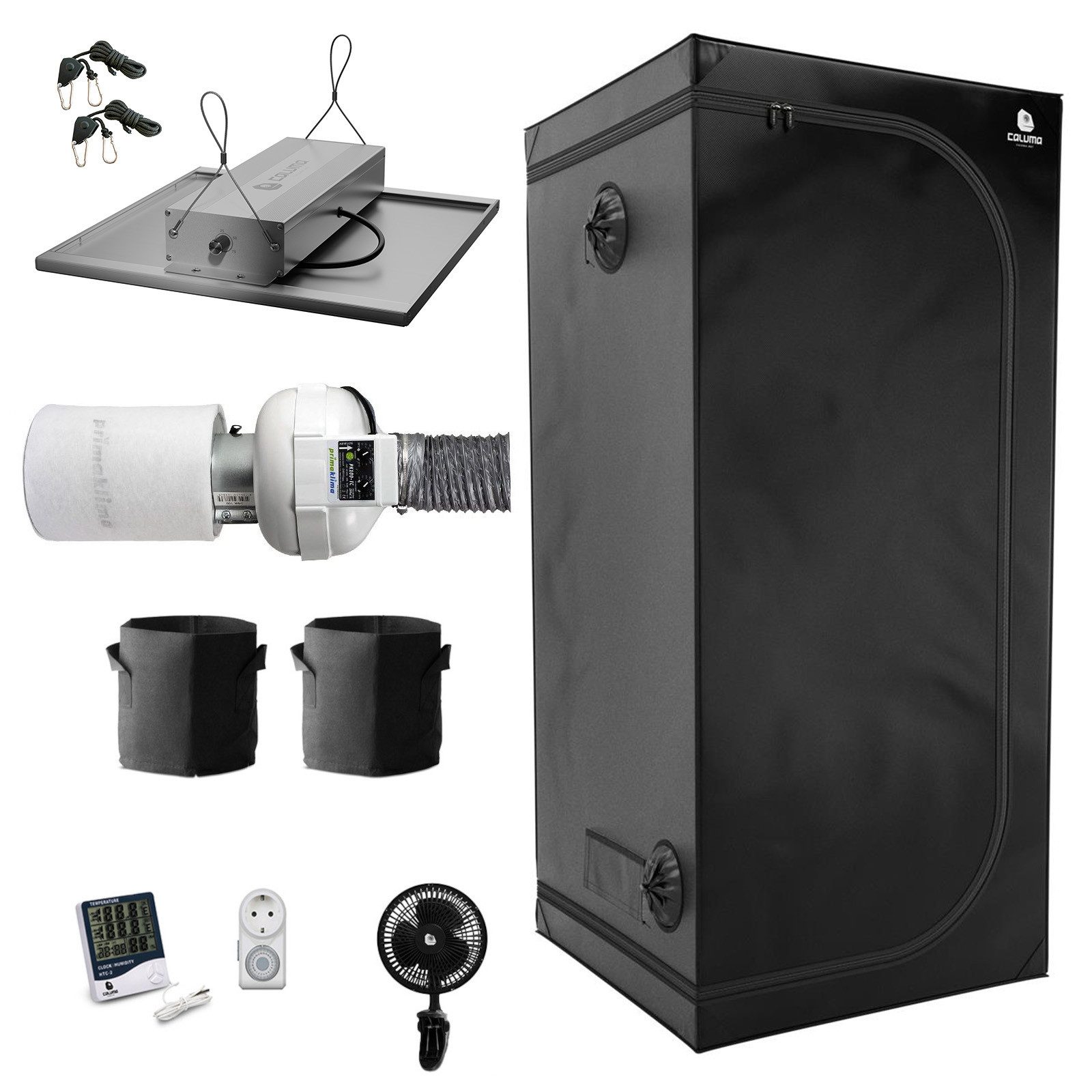 Caluma Gewächshaus Premium Growbox Komplett Set - 80x80 cm, 150W LED, für 2 Pflanzen, BxTxH: 80 x 80 x 180 cm, Komplettset, Zelt, Lampe, Lüfter, Filter, Hygrometer, Töpfe, Ventilator, Schloss, 80x80x180 cm,150W LED, Prima Klima PKVS-100-TC Lüftungsset