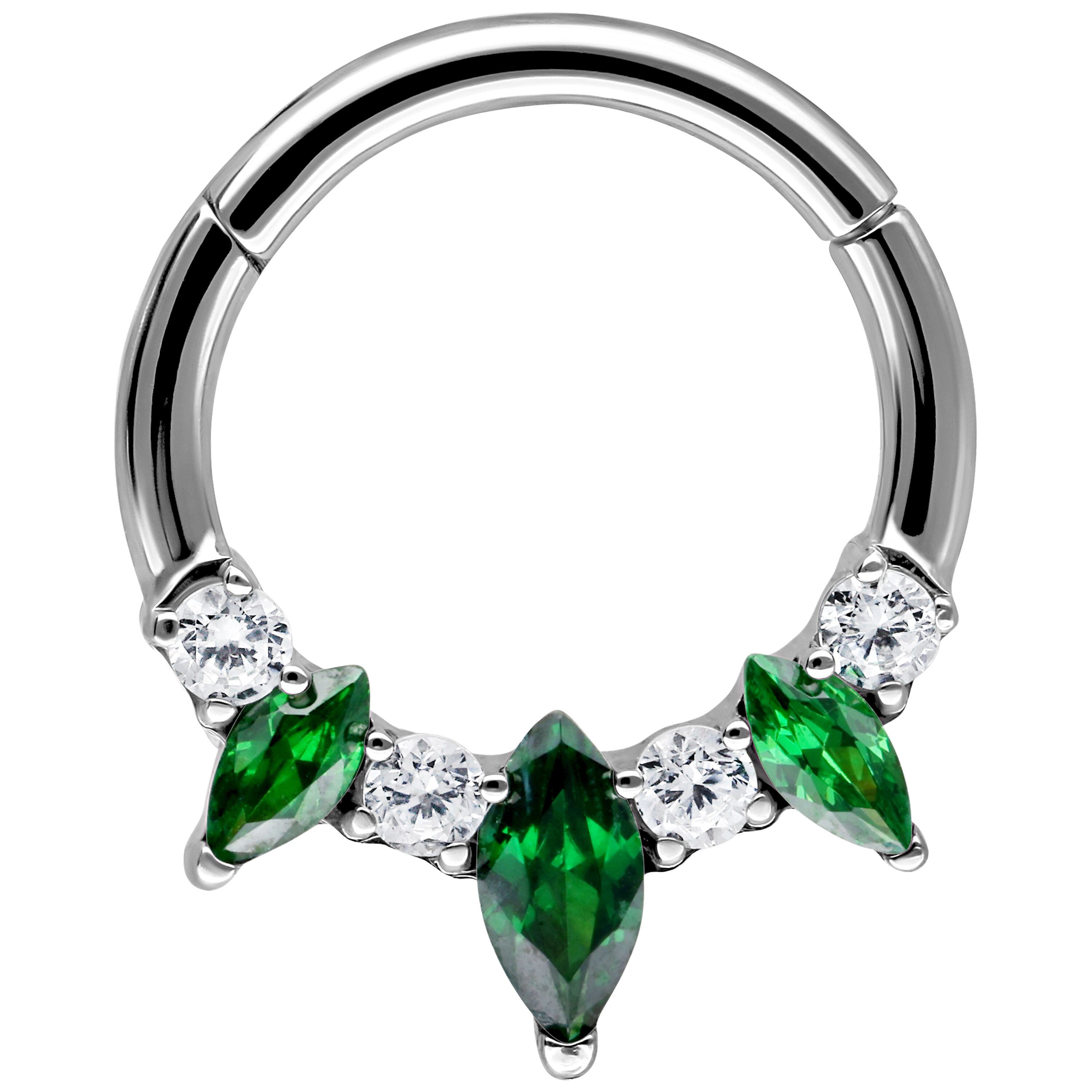 Wildcat Nasenpiercing Marquise Hinged Septum Clicker für Ohr, Nase, 1 Stück, Chirurgenstahl 316L - wasserfest, hautverträglich, Silber-Smaragdgrün