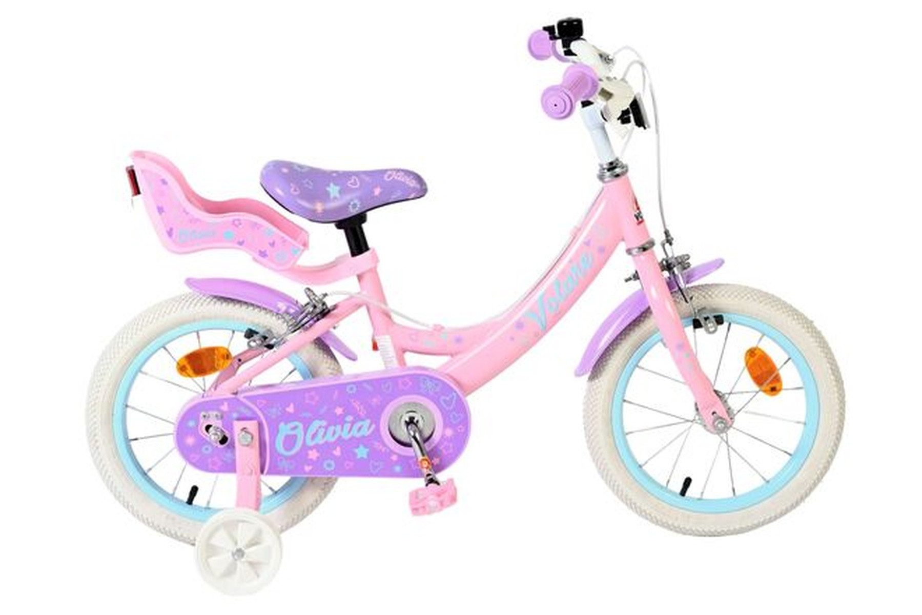 Volare Kinderfahrrad Olivia 14 Zoll Mädchen Rosa – zwei Handbremsen, Puppensitz, Stützräder, Geschlossener Kettenschutz, Reflektoren vorne und hinten,5–5 Jahre