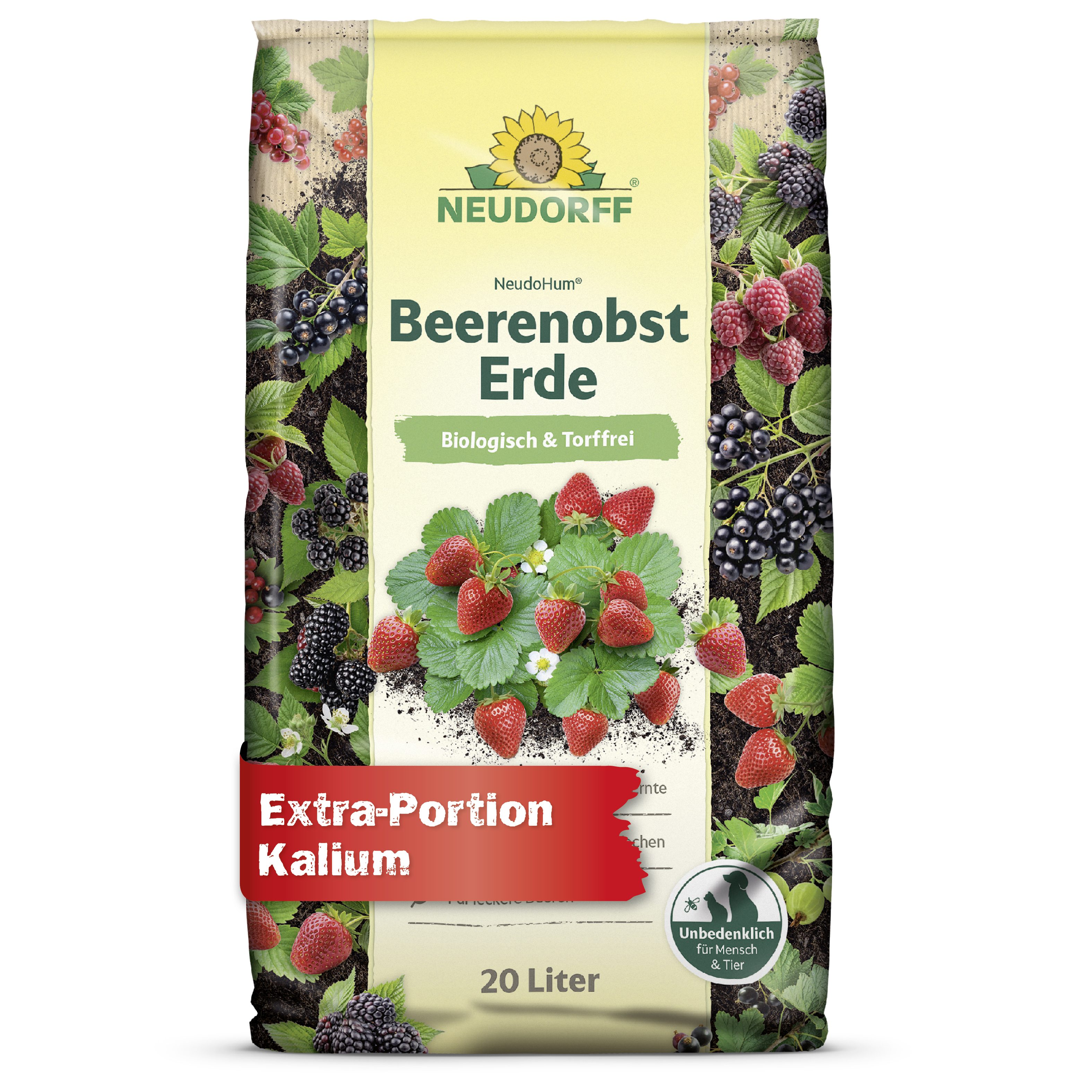 Neudorff Pflanzerde NeudoHum BeerenobstErde 20 Liter, mit Organische Grunddüngung, (Einzelartikel, Für leckere Beeren, unterstützt eine gute Fruchtentwicklung), Biologisch, torffrei, mit Extra-Kalium für reiche Ernte