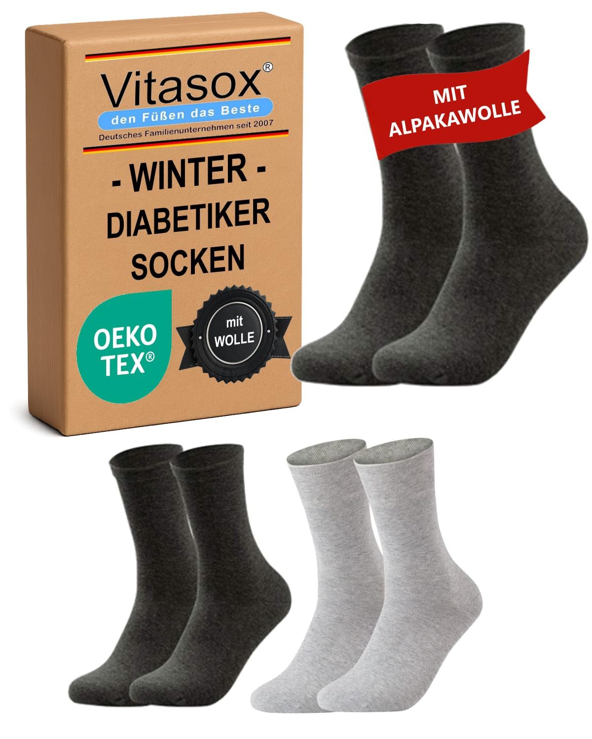 Vitasox Diabetikersocken extra warm mit Alpaka-Wollanteil für Damen und Herren (2-Paar) mit Alpaka-Wollanteil für warme Füße an kalten Tagen