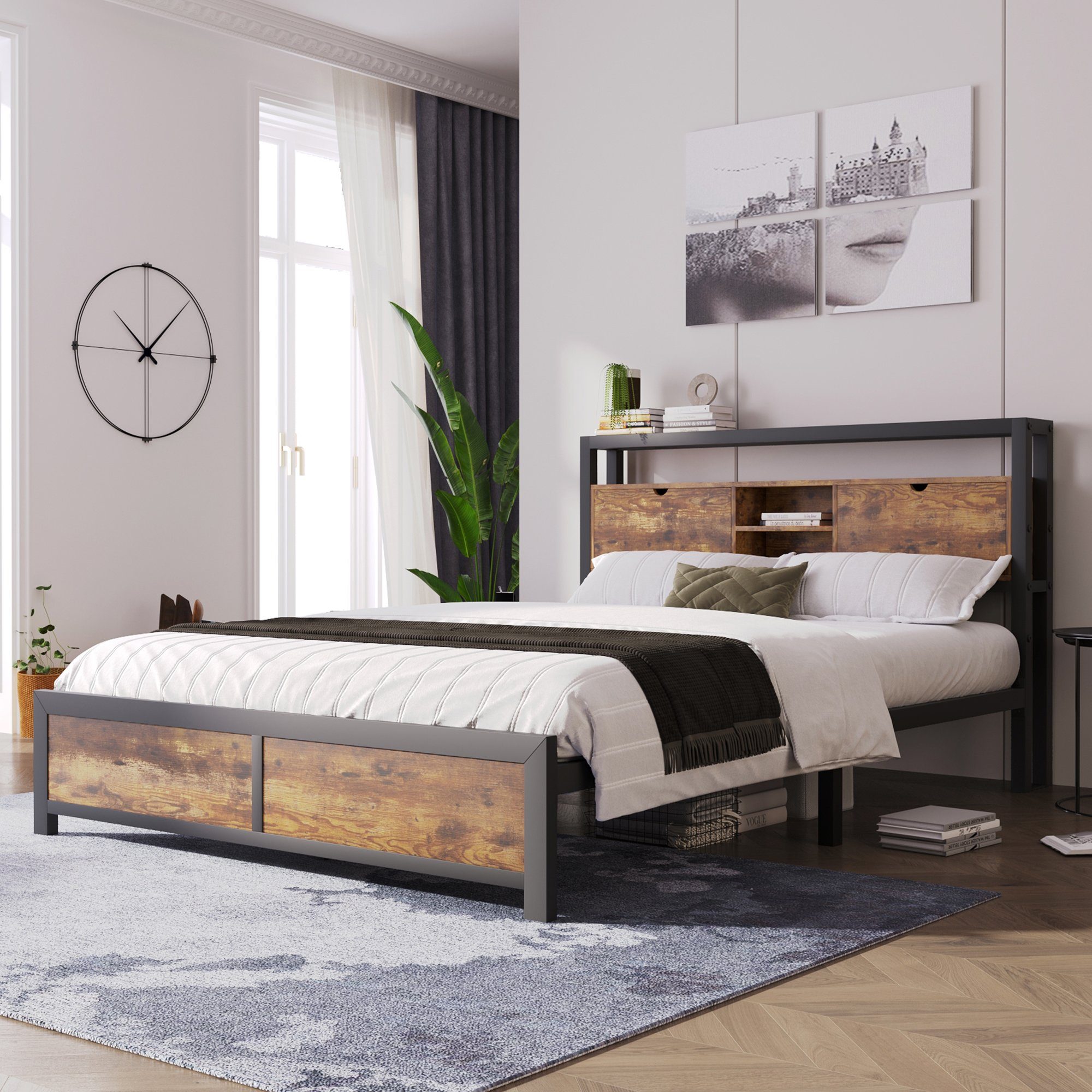 OKWISH Metallbett Jugendbetten mit Stauraum-Kopfteil (140 x 200 cm ohne Matratze)