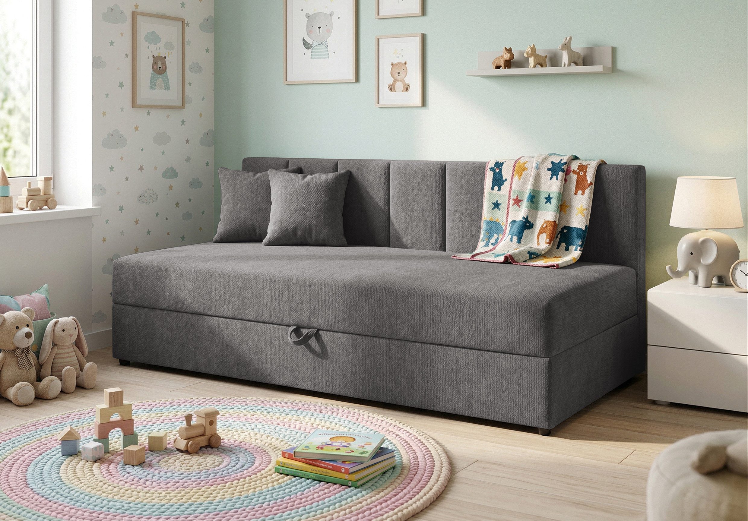 S-Style Möbel Daybett / Tagesbett Lenny mit Rückenlehne und großem Bettkasten, aus Chenille-Stoff, mit Bonellfedern