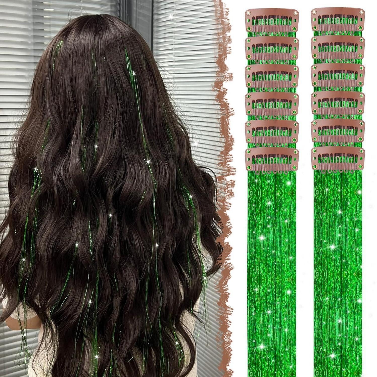 LuxusKollektion Kunsthaar-Extension Haartinsel Clipin 12 Stück 50 cm Haarverlängerung Mädchen Grün-glitzer