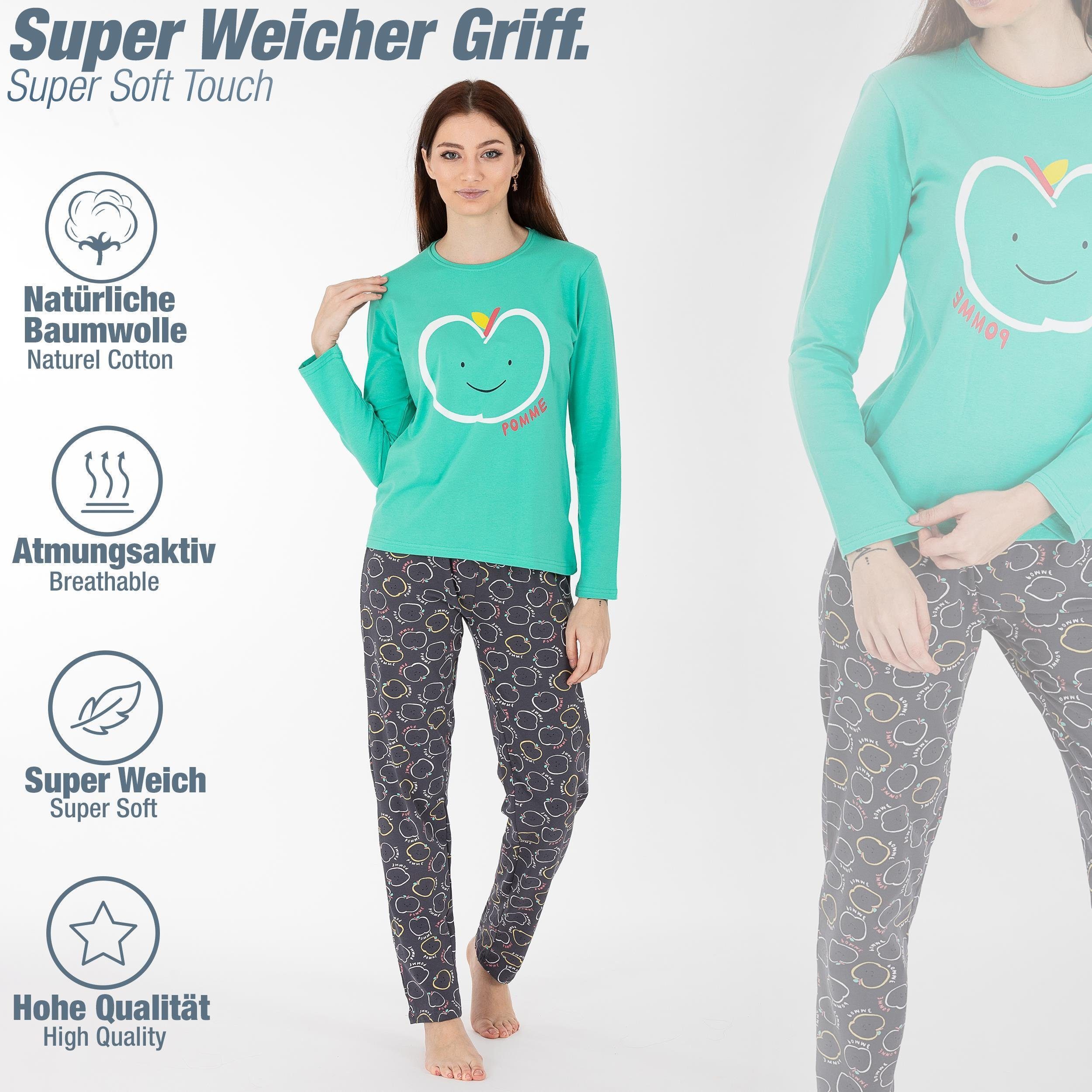 LOREZA Schlafanzug Schlafanzug Pyjama langarm- Apple - Bunt (Set, 2 tlg)