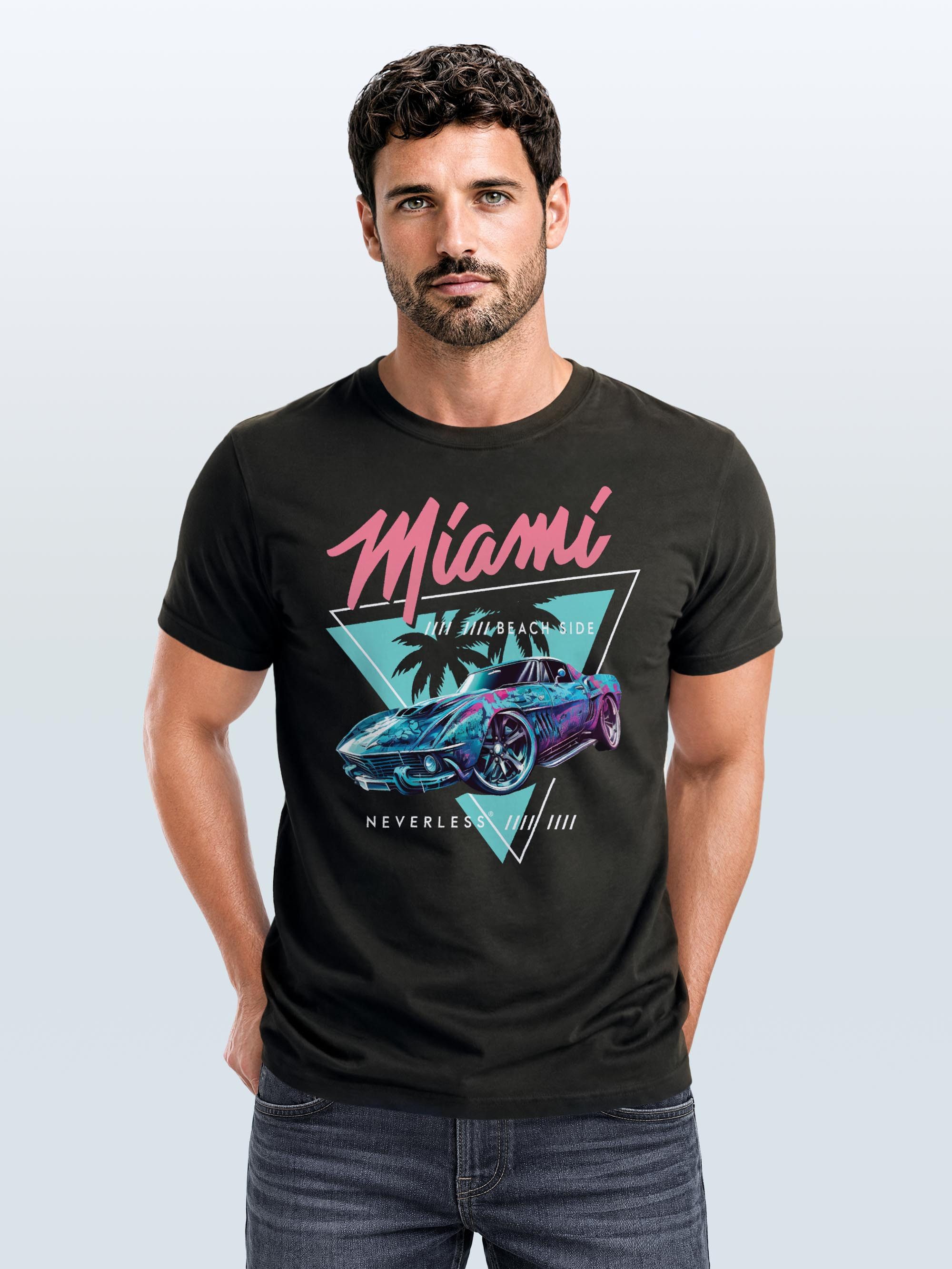 Neverless Print-Shirt Herren T-Shirt Bedruckt Miami Beach Surfing Motiv USA Retro Automobil mit Print