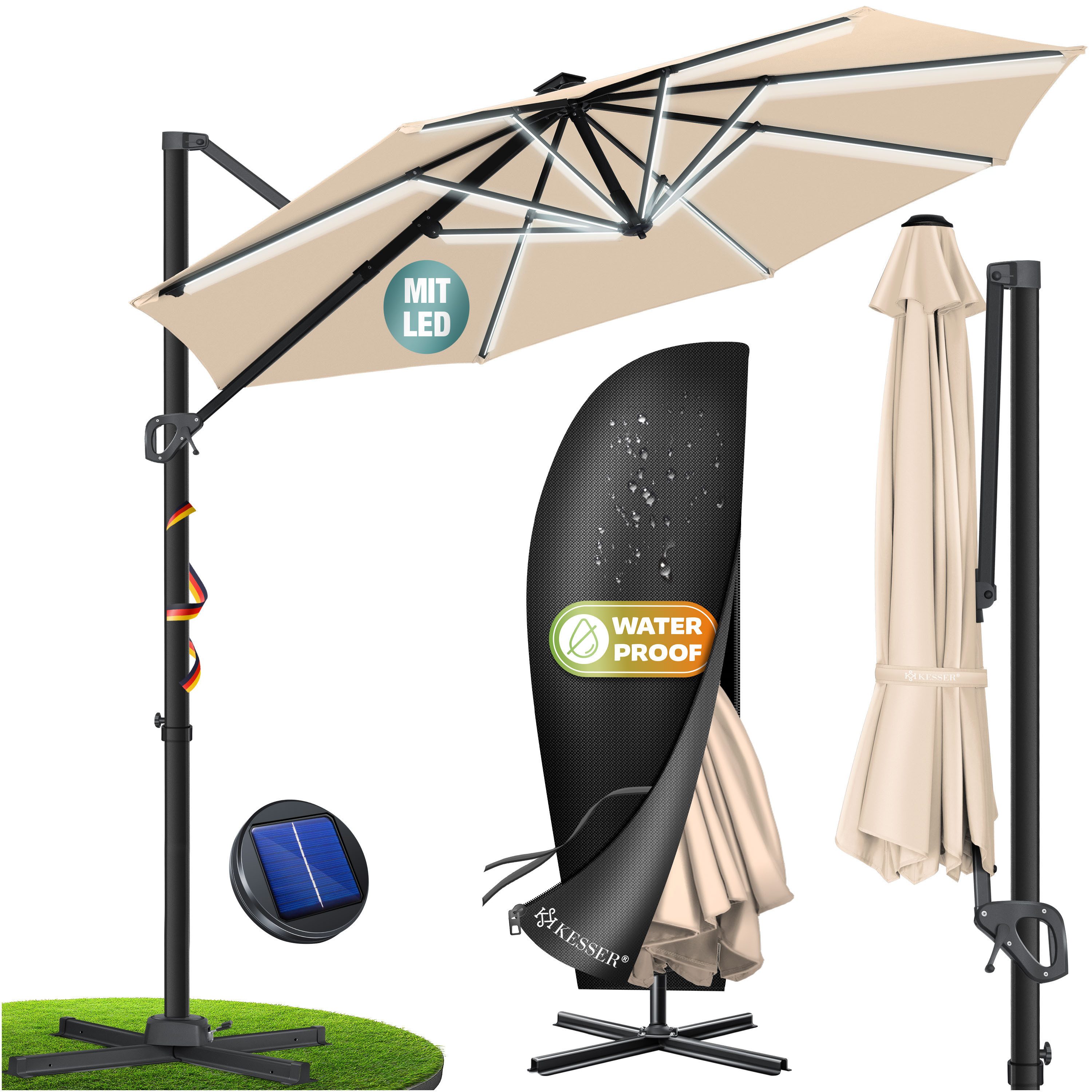 KESSER Ampelschirm, Sonnenschirm SUN Rund XL Ø330 cm 360° Drehbar inkl. Abdeckung