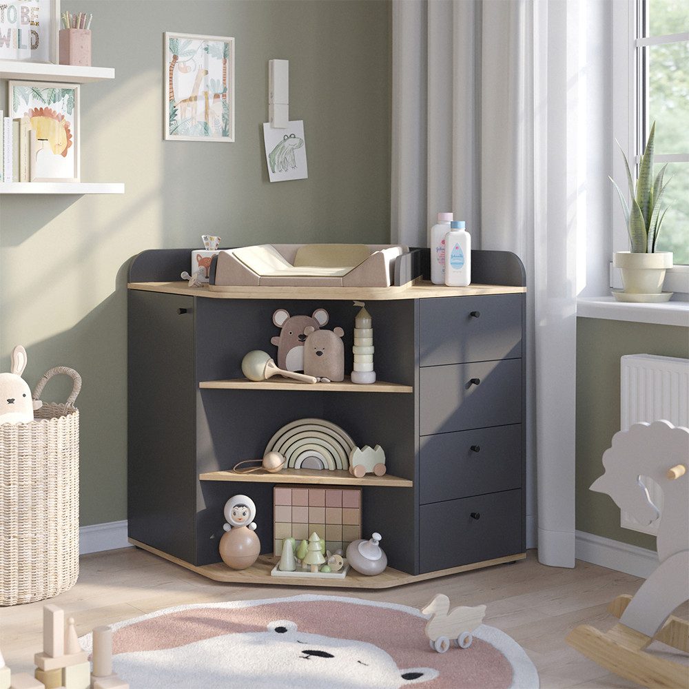 Vicco Wickelkommode Aria, Anthrazit/Artisan/Artisan-Eiche, 85 x 90 cm mit Regalen und 4...