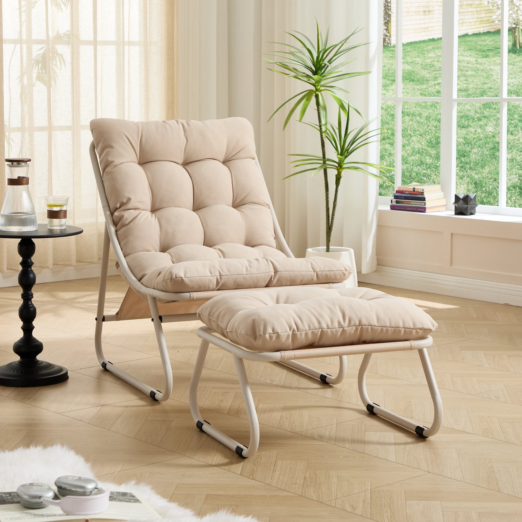 Odikalo Chaiselongue Relaxsessel Gartenstühle Gartenliege Freizeitstuhl mit schlaffunktion, Lounge-Sessel für die Terrasse mit Ottoman–Bequemer Relaxsessel mit weichem Polster und Fußhocker ideal für Wohn-Schlaf-und Lesezimmer Gestell und Polster in Beige