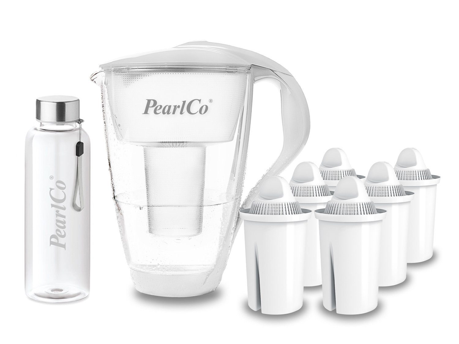 PearlCo Wasserfilter Glas Wasserfilter weiß inkl. 6 Universal Kartuschen plus Glasflasche