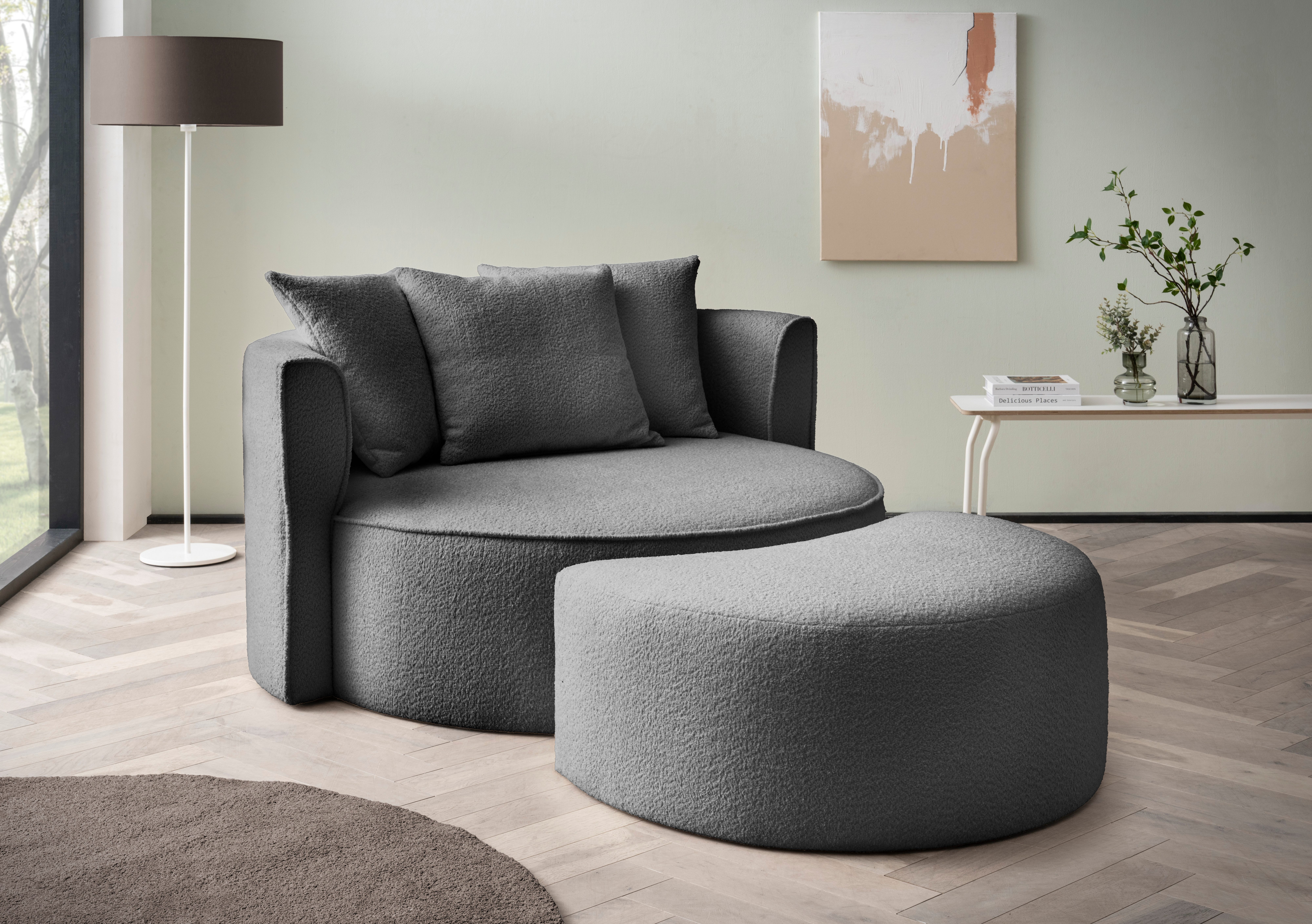 LeGer Home by Lena Gercke XXL-Sessel ISALIE, Rundsessel mit Hocker, Lesesessel, Loveseat, Big-Sessel (Set), trendige Stoffe, 3 Zierkissen, große Sitzfläche, Cord, Samt, Bouclé