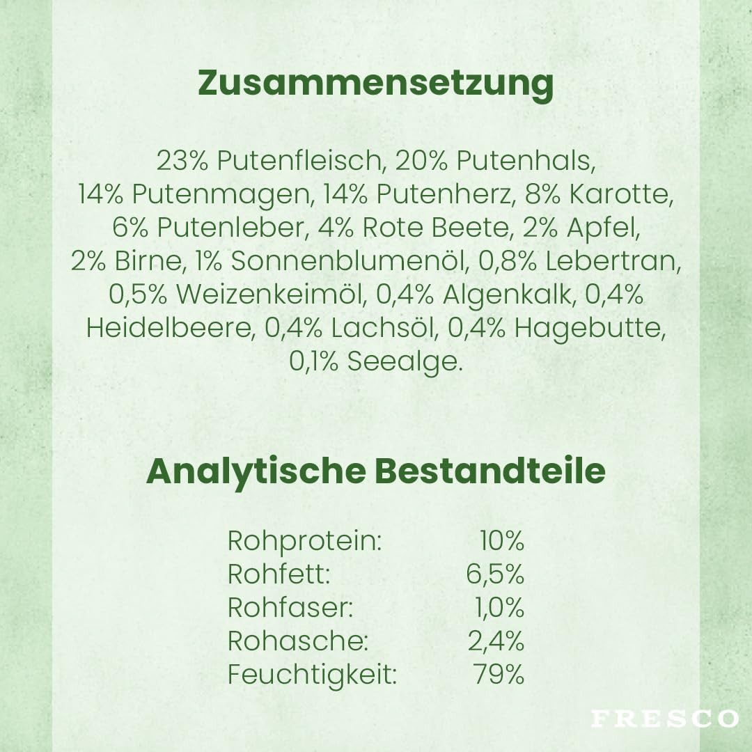 Fresco Dog NassBarf Premium Hundefutter Nass 6 x 800g, Pute, Nassfutter für: Hunde, Getreidefrei, zuckerfrei & hoher Fleischanteil