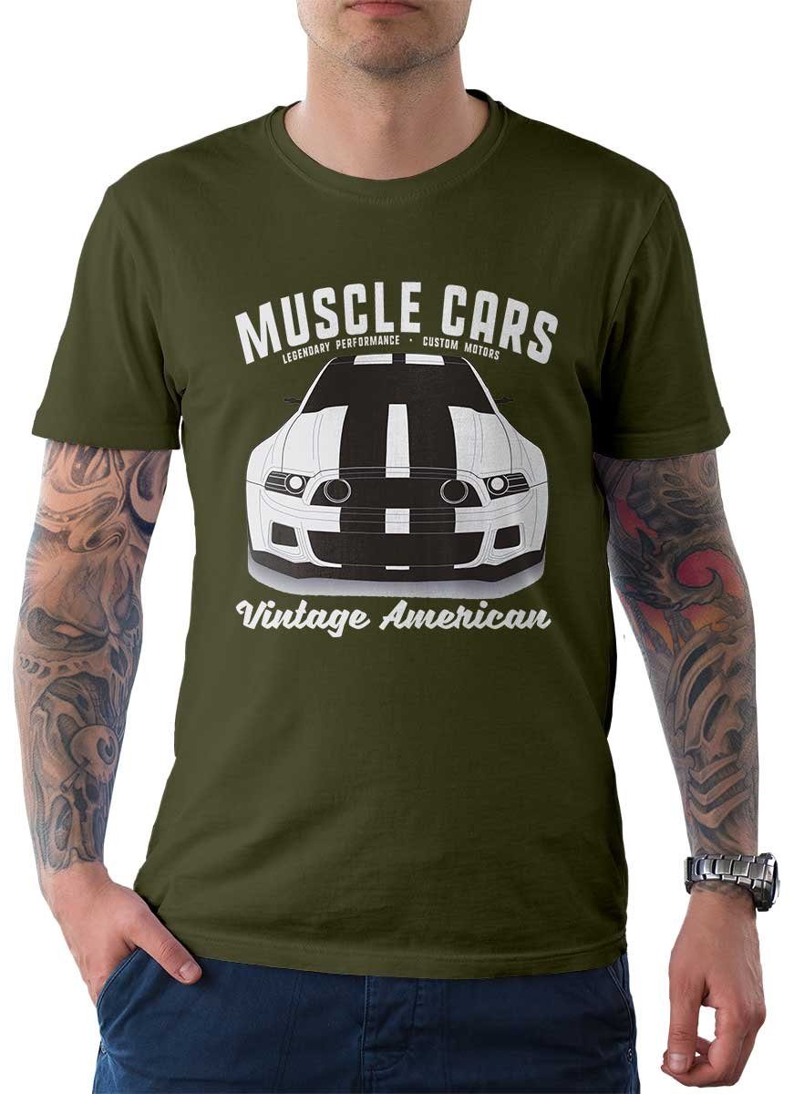 Rebel On Wheels T-Shirt Herren T-Shirt Tee Muscle Car Front mit Auto / US-Car Motiv Oliv