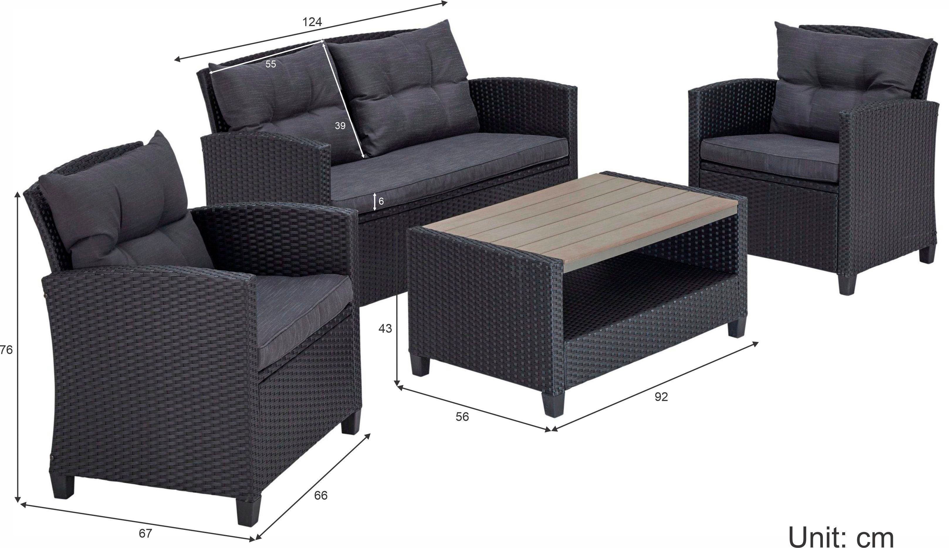 KONIFERA Gartenlounge-Set St. Tropez, (Set, 11-tlg., 1x2er Sofa, 2x Sessel,1x Tisch 90x55x42,5cm, inkl. Auflagen), Polyrattan, Stahl, Ablage unter dem Tisch, Balkonset, Loungeset