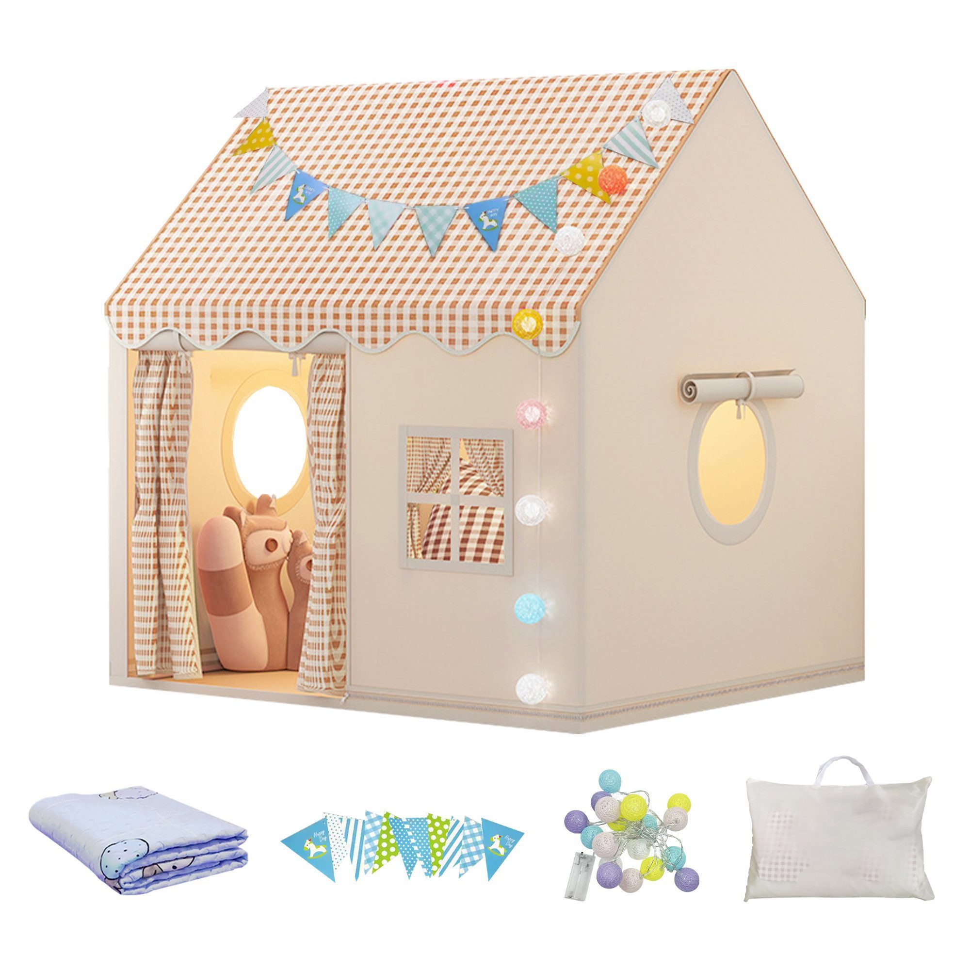 Spielzelt Kinderzelt Spielhaus mit Bodenmatte, Lichterkette und Wimpelkette