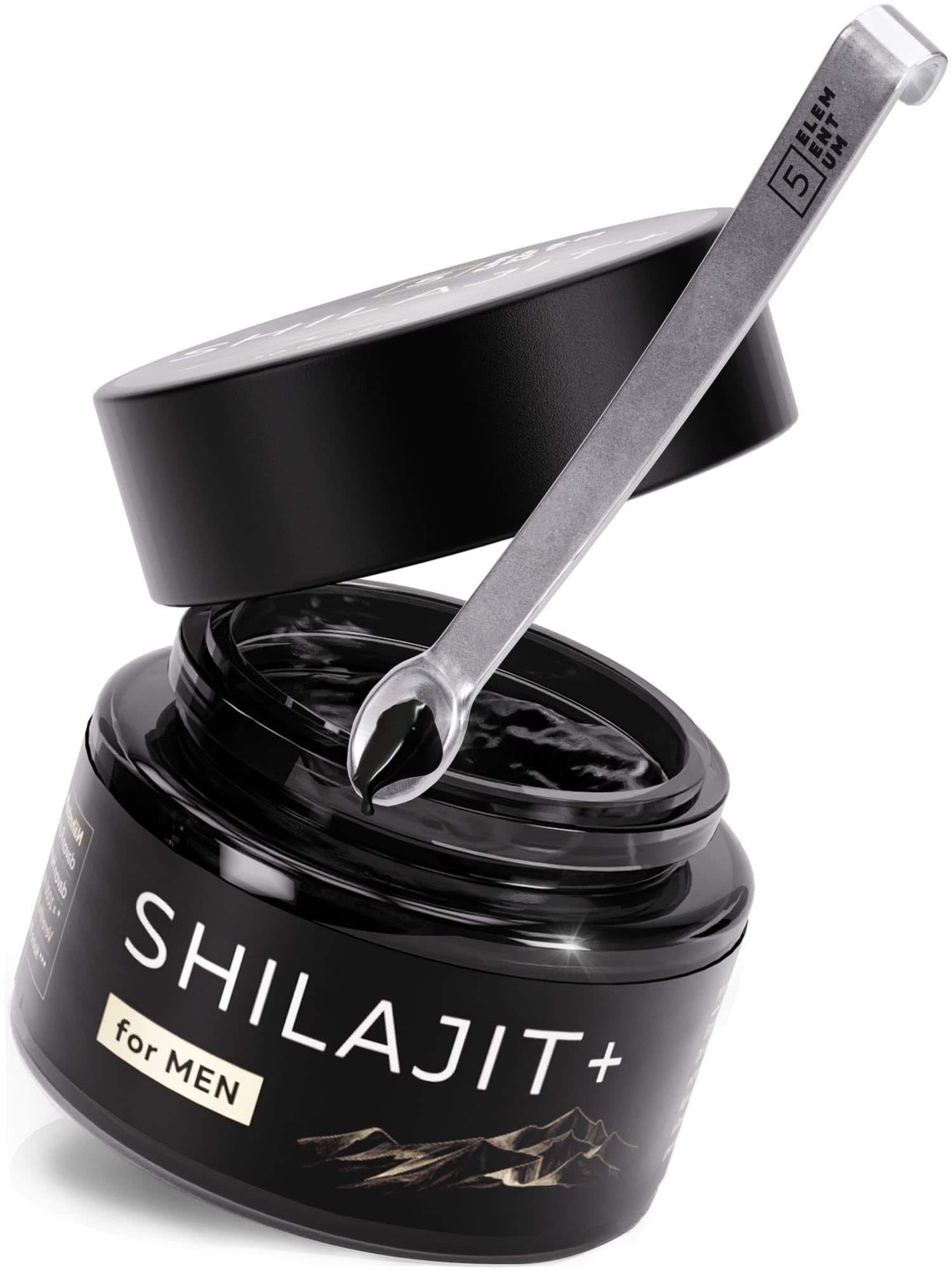 5 Elementum Shilajit Original Himalaya Hochdosiert Für Männer – 82% Fulvinsäure Tropfen, 50g Premium Mumijo Aus dem Himalya Gebirge à 50 g, Handernte Inkl. 500mg Dosierlöffel