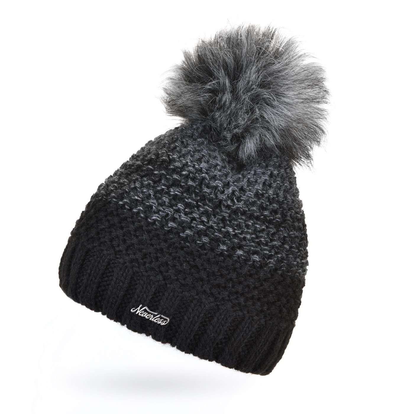 Winter-Mütze Bommelmütze mehrfarbig Strick-Mütze Neverless® Neverless Fleece Bommelmütze Kunstfell Damen gefüttert schwarz Fell-Bommel Grobstrick