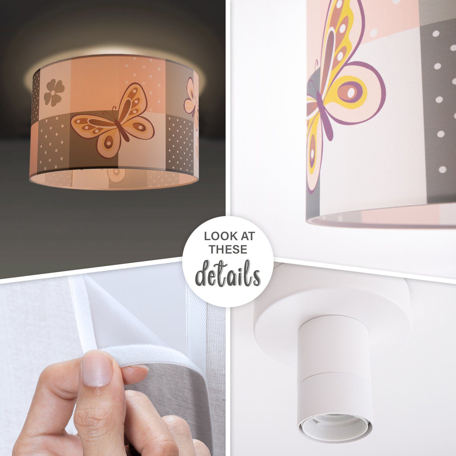 Paco Home Deckenleuchte Cosmo 220, ohne Leuchtmittel, Lampe Kinderzimmer Deckenlampe Rosa Schmetterling Blumen Karo E27