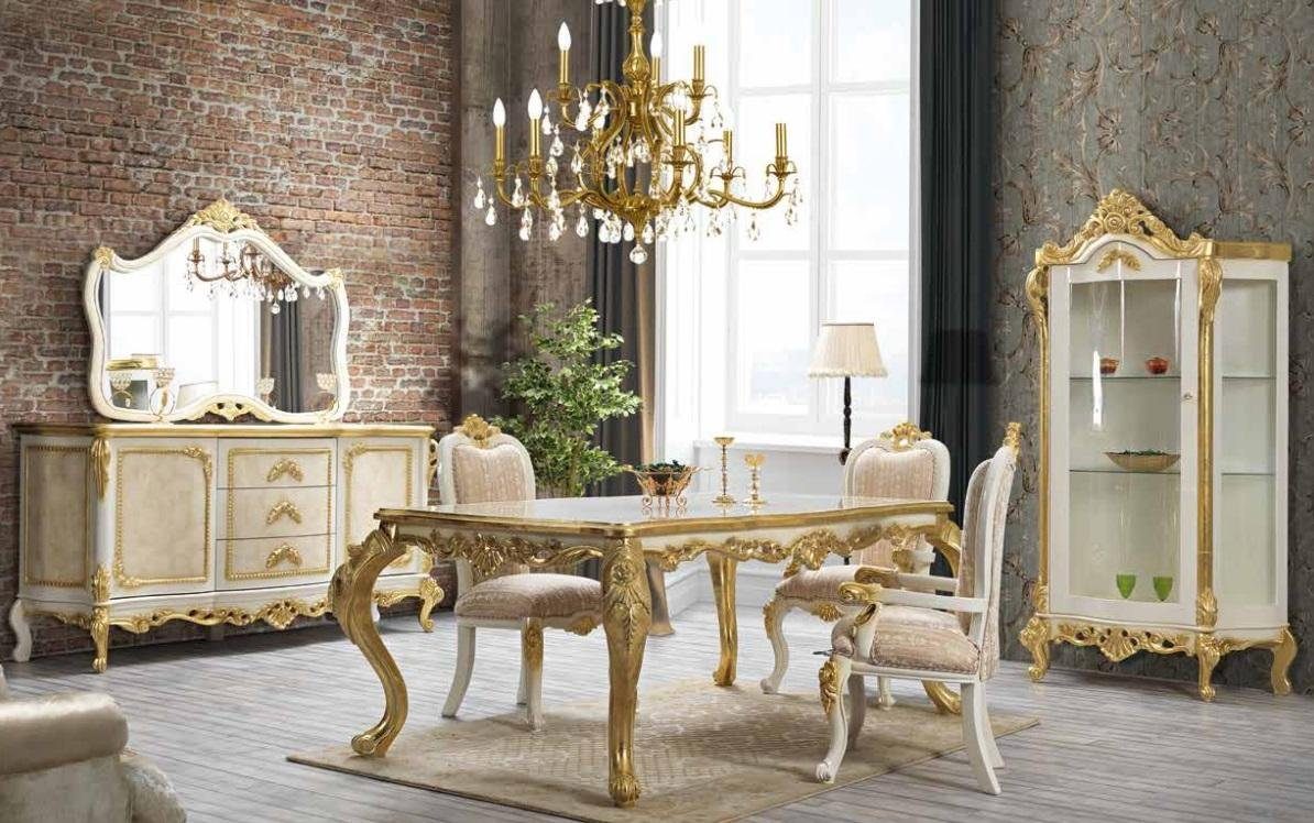 Esszimmer Weiß Esszimmer-Set Tisch, Gold Esstisch Esstisch Tische (Nur 4x + Set JVmoebel Stühle) Stuhlgruppe
