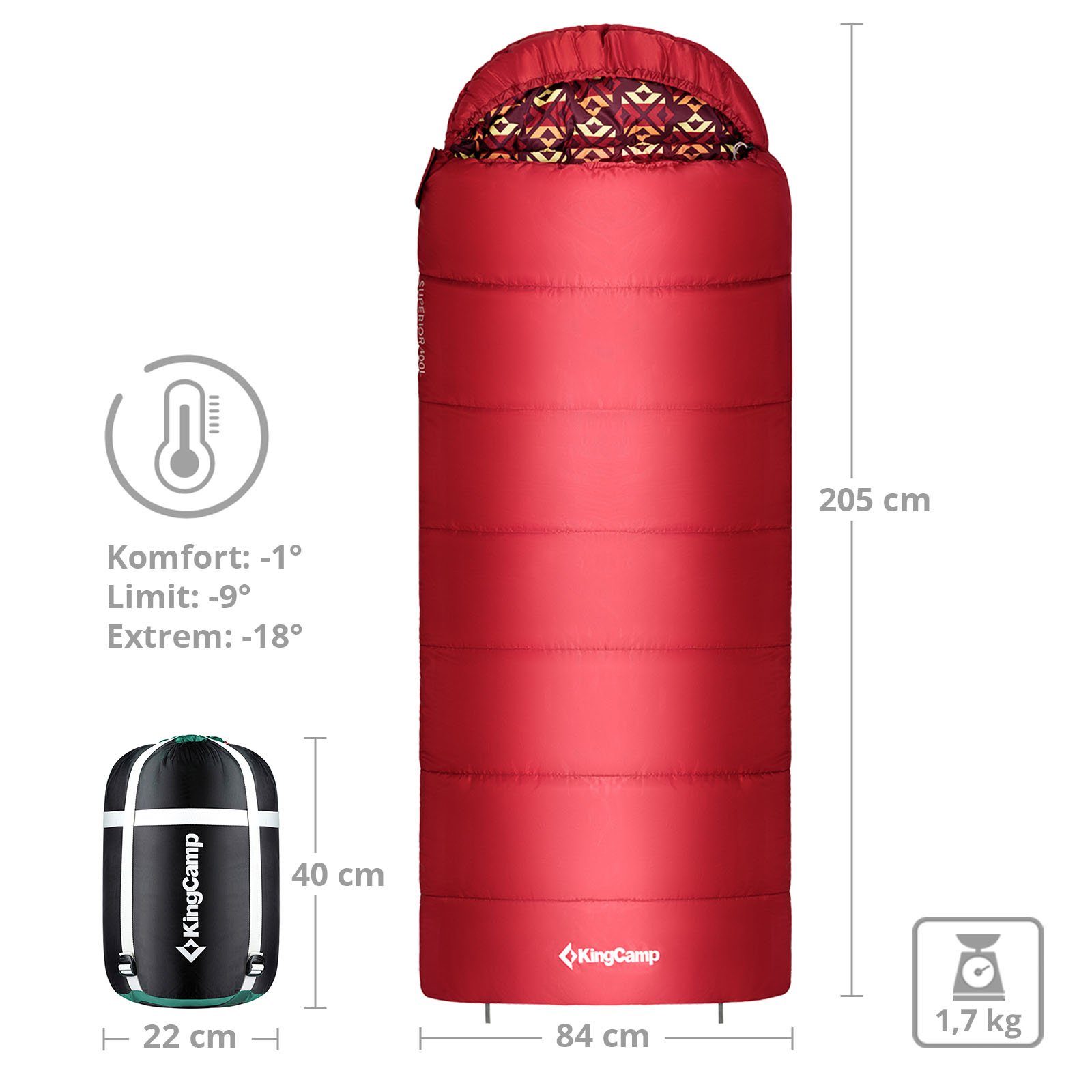 - Jahreszeiten -18°C Mumienschlafsack KingCamp L Breit Superior Schlafsack Red 3, XL Mumienschlafsack Wine 400L Zipper